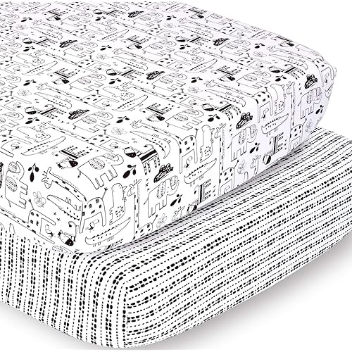 The Peanutshell Fitted Crib Sheet Set for Baby Boys or Girls | Zoo Animals and Tribal Stripes | Unisex 2 Pack Set