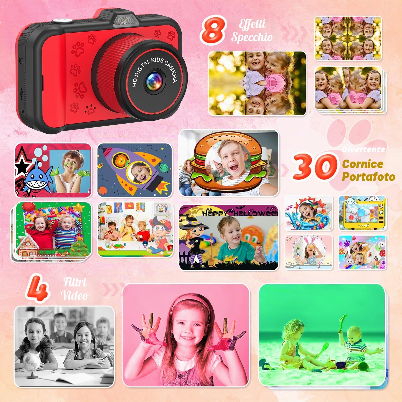 Macchina Fotografica Bambini, Ushining 3,5 Pollici Grande Schermo Fotocamera Digitale Bambini con 360° Obiettivo Zoom Rotante LED Flash 32GB TF Scheda, 1080P Videocamera, Regalo per 3-12 Anni