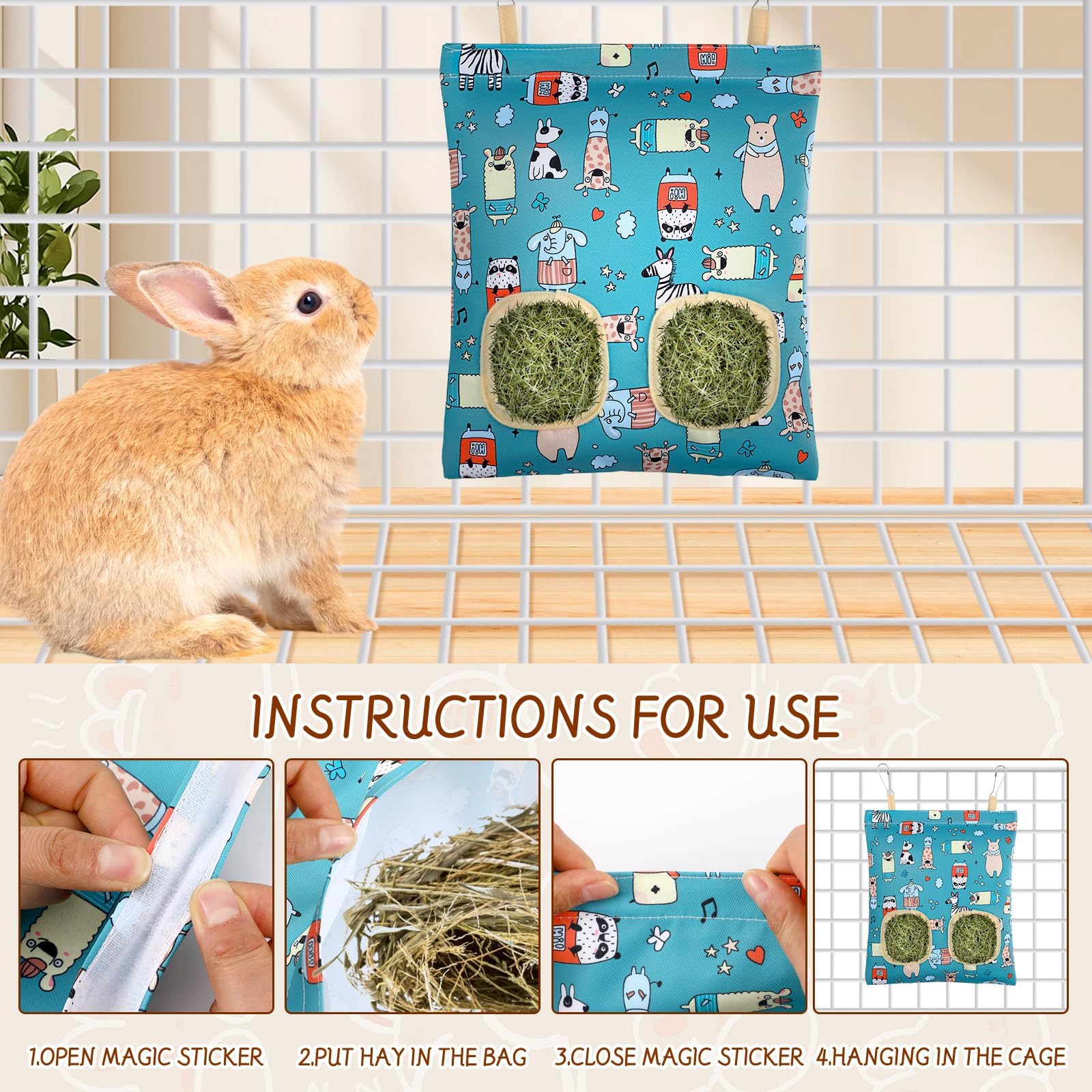 UPINS 3 Hay Bag for Rabbits - 2-Hole Hanging Hay Feeder for Guinea Pigs, Chinchillas, Hamsters & Small Pets (Dark Color) - image 6