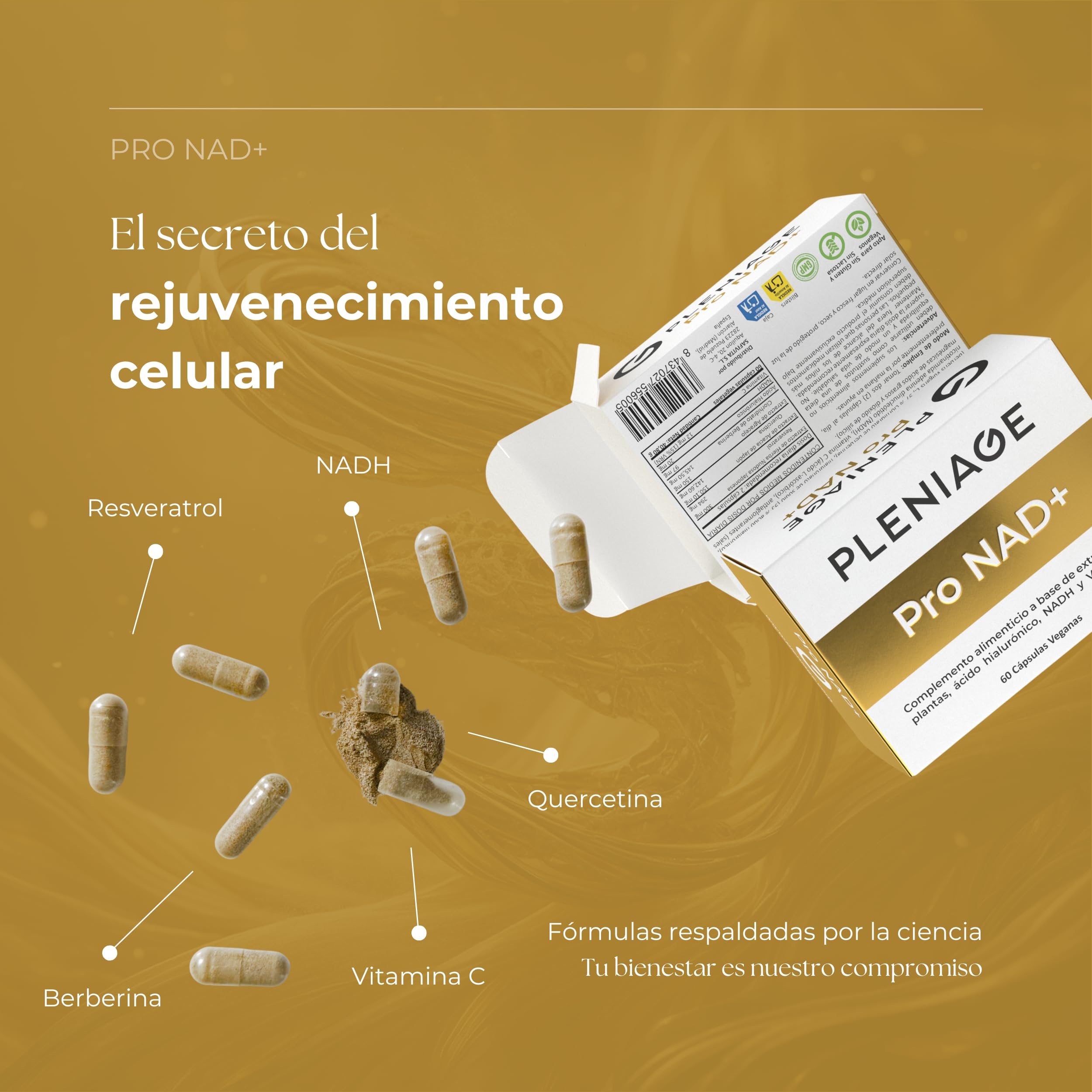 Pro NAD+ | Con NADH, Resveratrol y Vitamina C, Fórmula Completa con Quercetina, Berberina y Ácido Hialurónico | 60 Cápsulas Veganas, Fabricado en España