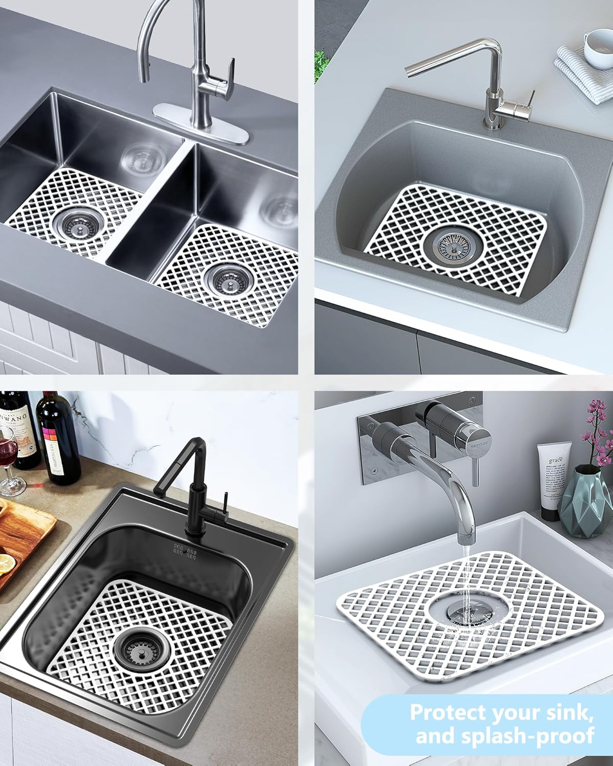 2 Pack Silicone Sink Protector for Kitchen Sink, Trellis Pattern 12 x 11" Sink Grid Mat Silicone Protectors, Center Drain, White