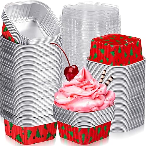200 moldes de papel de aluminio para hornear de Navidad con tapas, mini recipientes de 5 onzas para pasteles, forros cuadrados para postres, muffins