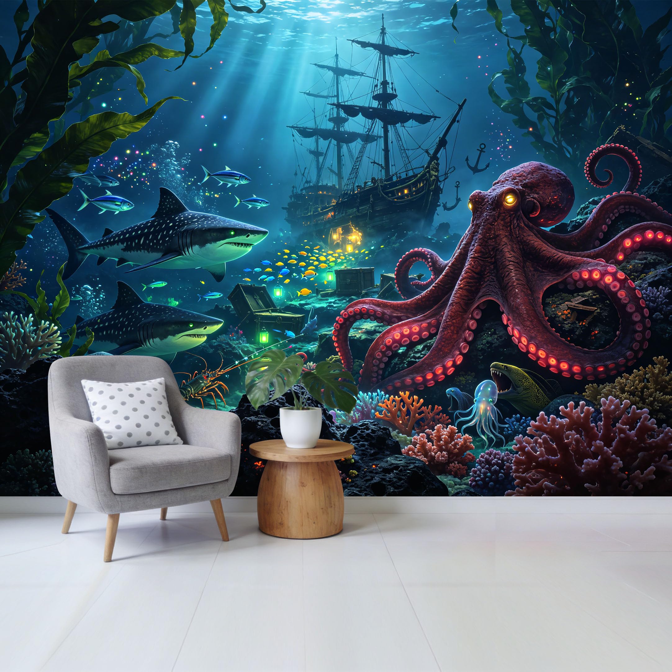 Custom Size Wall Mural Ocean Underwater Scene with Octopus Sharks Coral Reef Shipwreck Removable Self Adhesive Fabric Home Wall Decor for Living Room Bedroom Bathroom