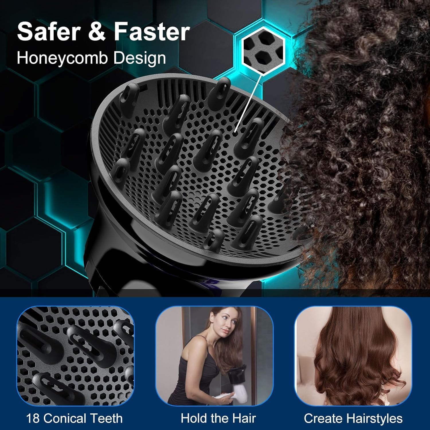 Calyrex Universal hair diffuser, Universal attachment fits almost all hair dryers, for curly or wavy hair styling, dry and gain maximum volume without frizz (Black) - Image 5 thumbnail
