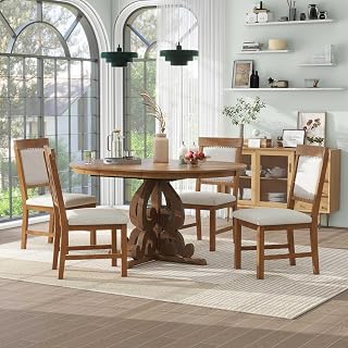 Merax Walnut Extendable Round Dining Table Set for 4-6 with 4 Upholstered Chairs, Retro Farmhouse Kitchen Dining Furniture