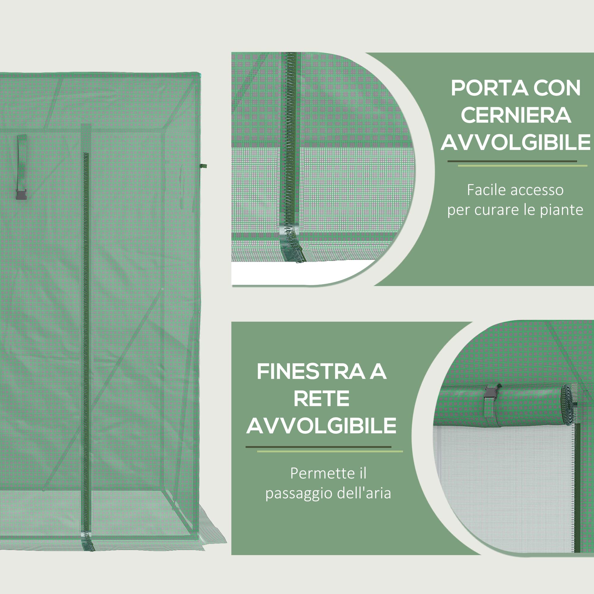 Close-up of the roll-up zippered door and roll-up mesh window