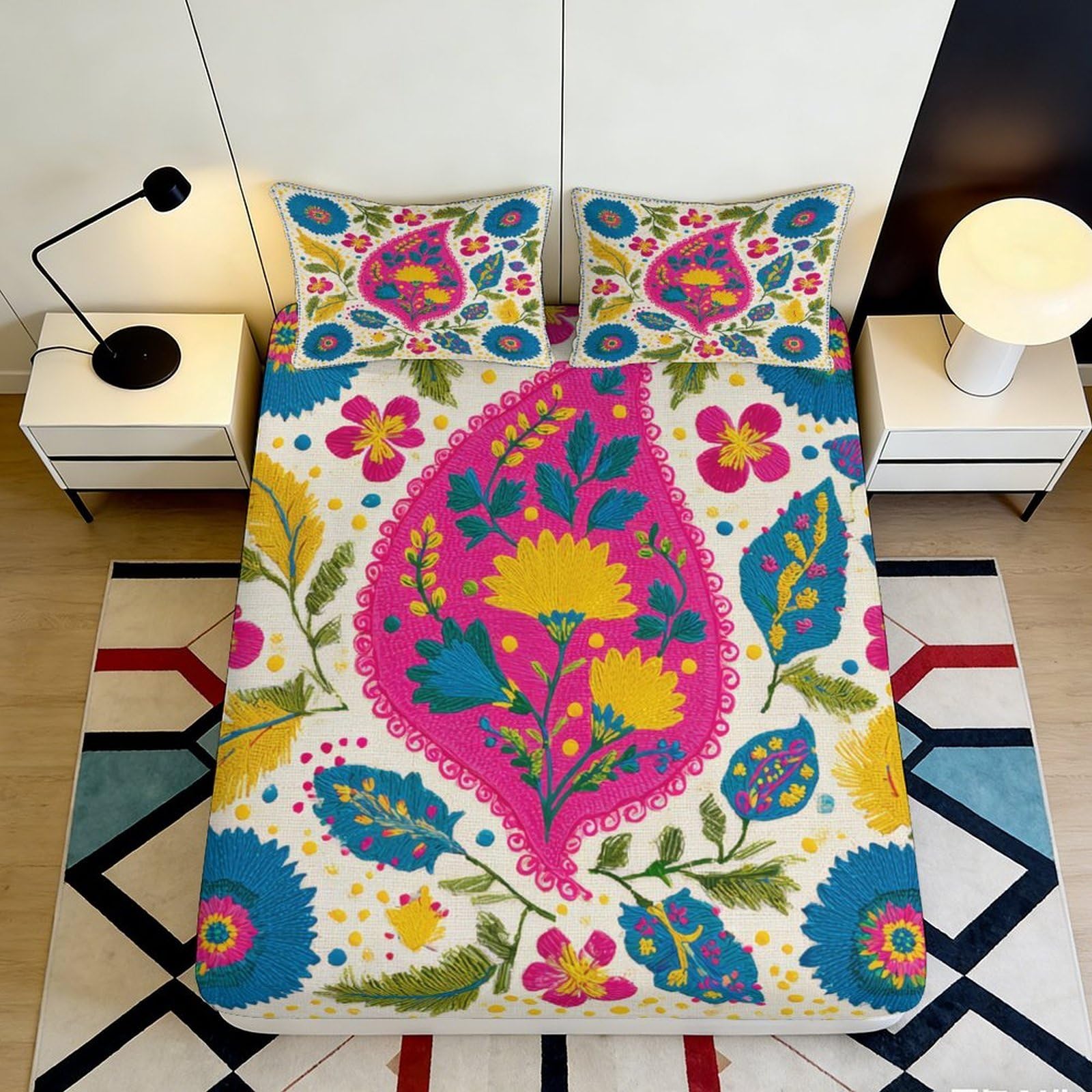 3D Printed Boho Floral Fitted Sheet Microfiber Soft Colorful Paisley Mattress Cover for Bedroom Guest Room Home Decor 90x200x25cm