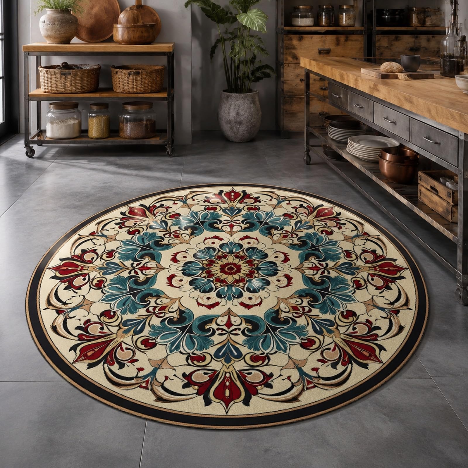 Tapis rond vintage fleuri pour commode de chambre adulte, décoration beige et bleu