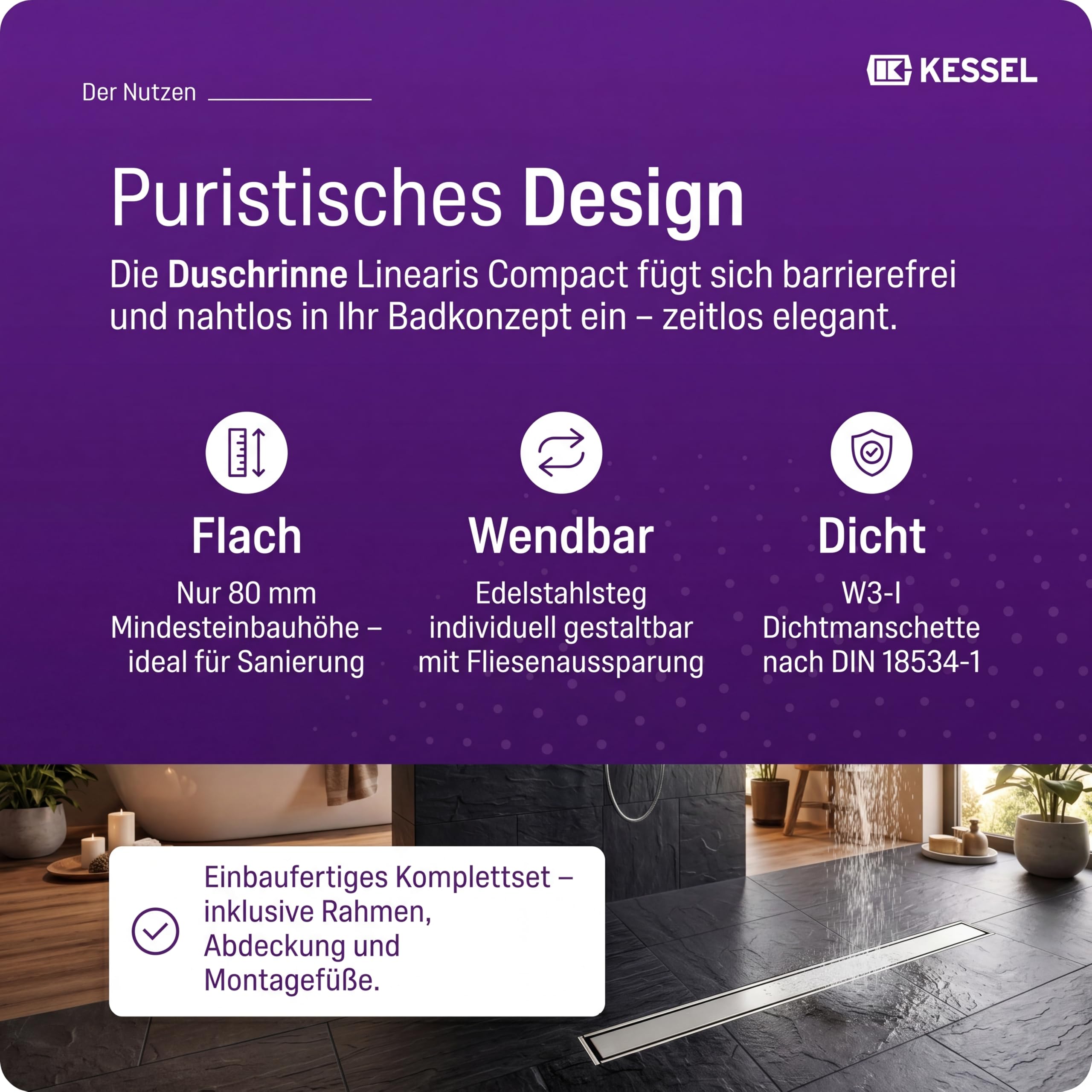 KESSEL Duschrinne Linearis Compact 75 cm, Edelstahl, DN 50, flach | Wendbarer Rost befliesbar, inkl. Geruchsverschluss, WaD Dichtmanschette, geringe Einbauhöhe, Komplettset