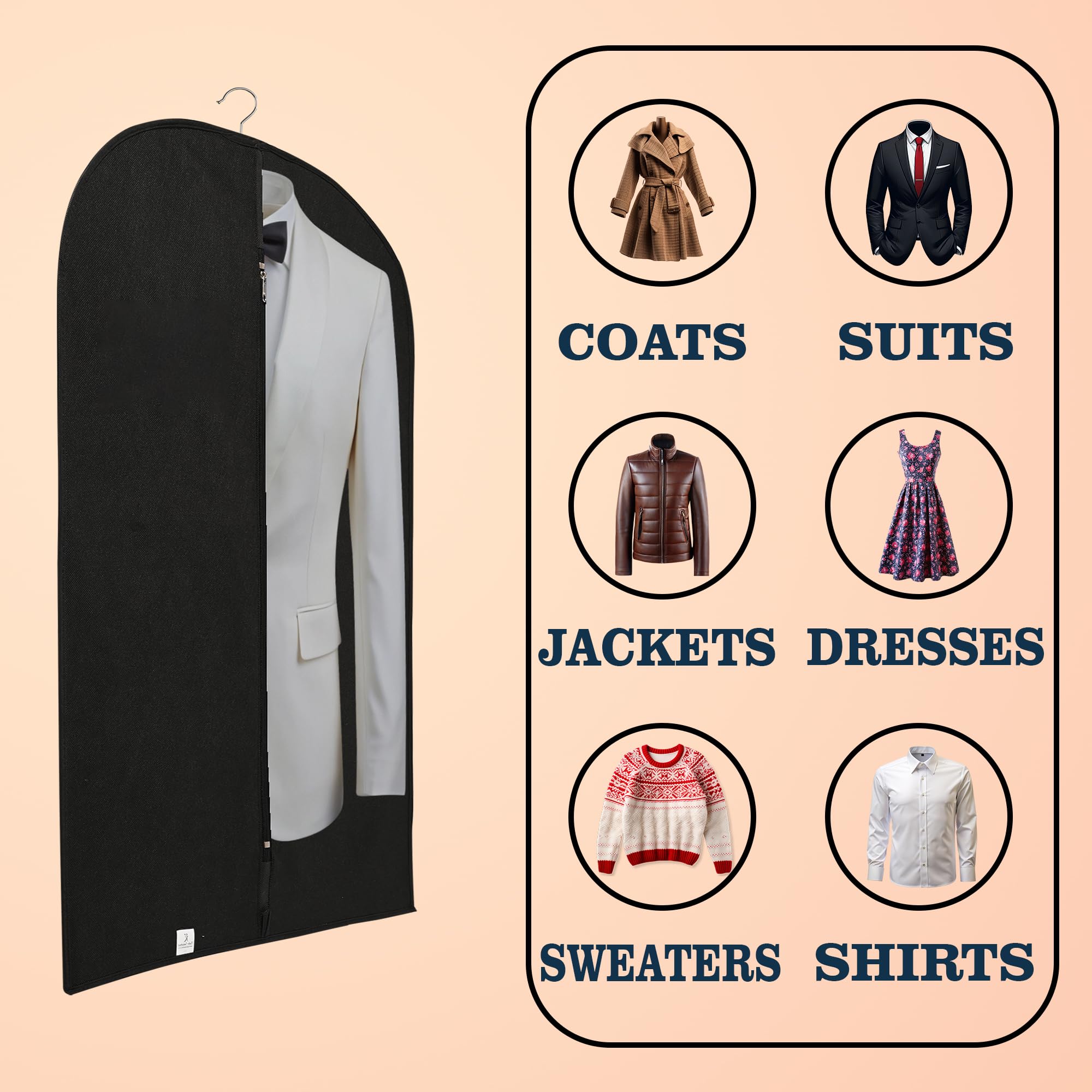 Kuber Industries Paquete de 6 fundas para blazer | Fundas de traje con cremallera para mujeres y hombres | Bolsa de abrigo a prueba de polvo para ropa, chaqueta | Cubierta media transparente | Negro
