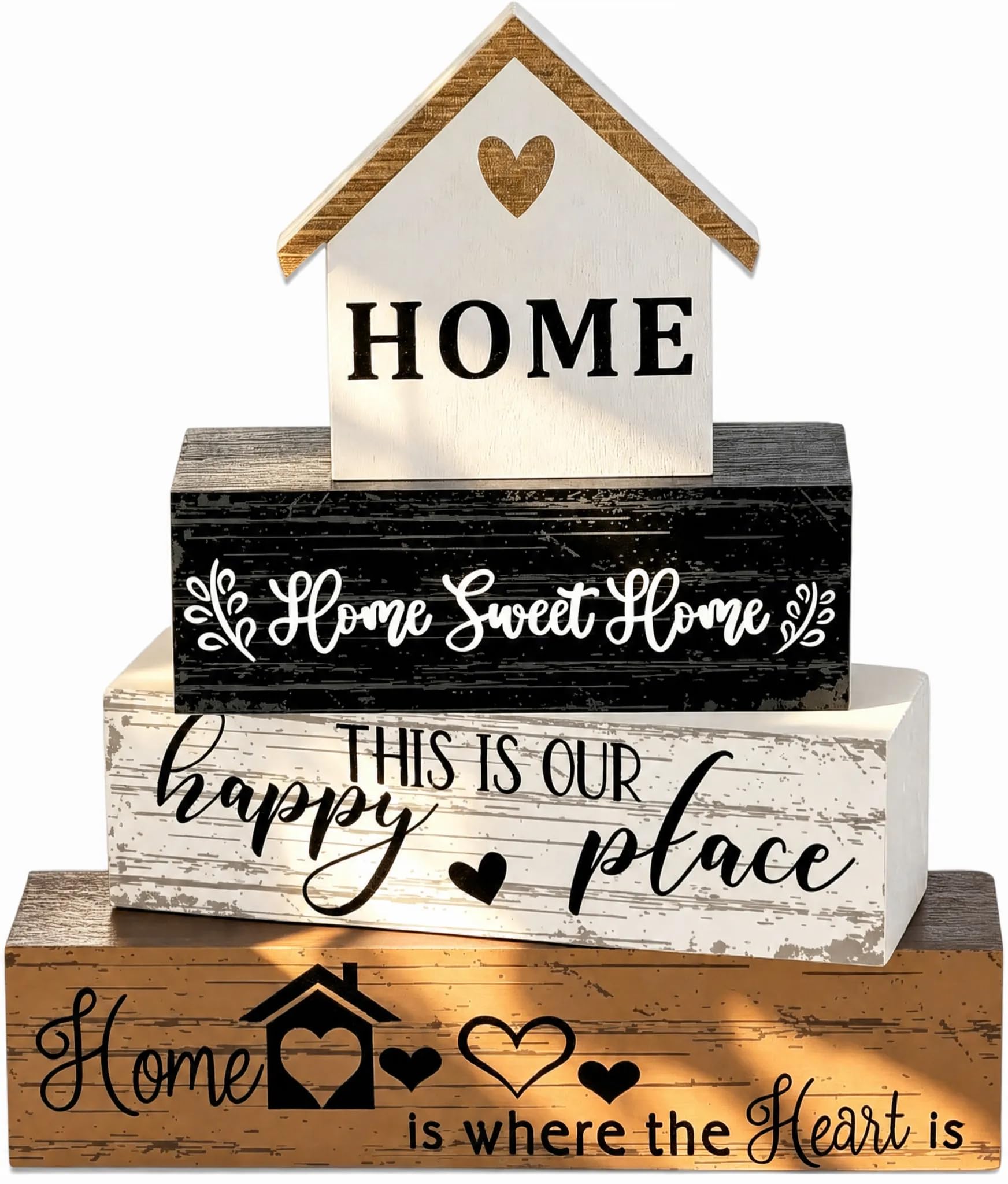 4 PC Wooden Ornaments for House, Handcrafted Home Accessories with Natural Grain, Freestanding with Adhesive Included, Ideal Housewarming Gifts for Shelf, Living Room & Bedroom, Family & Friends