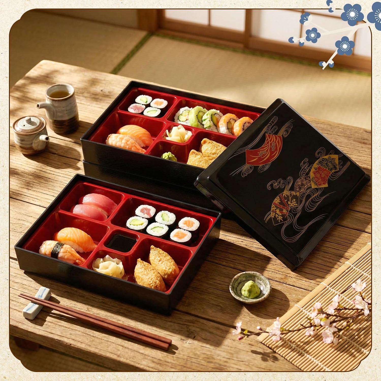 1 Pcs Three -Tier Japanese Lunch Bento Box 10.6 x 8.3 x 6.1 Inch Japanese Stackable Lunch Box Divided Bento Container with Greaseproof Gift for Sushi Meal Snack Home Restaurant