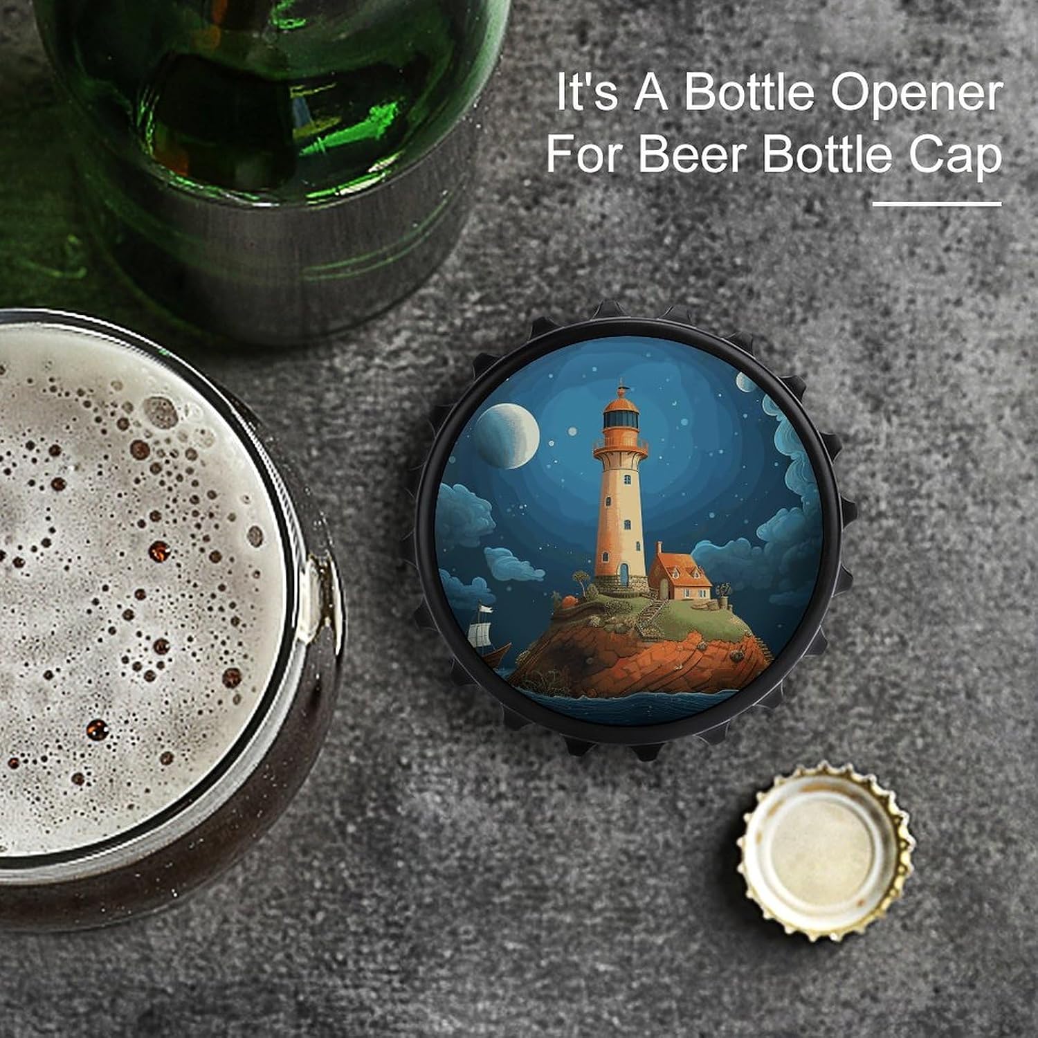 Round Lighthouse Magnetic Bottle Opener for Fridge Black image 3