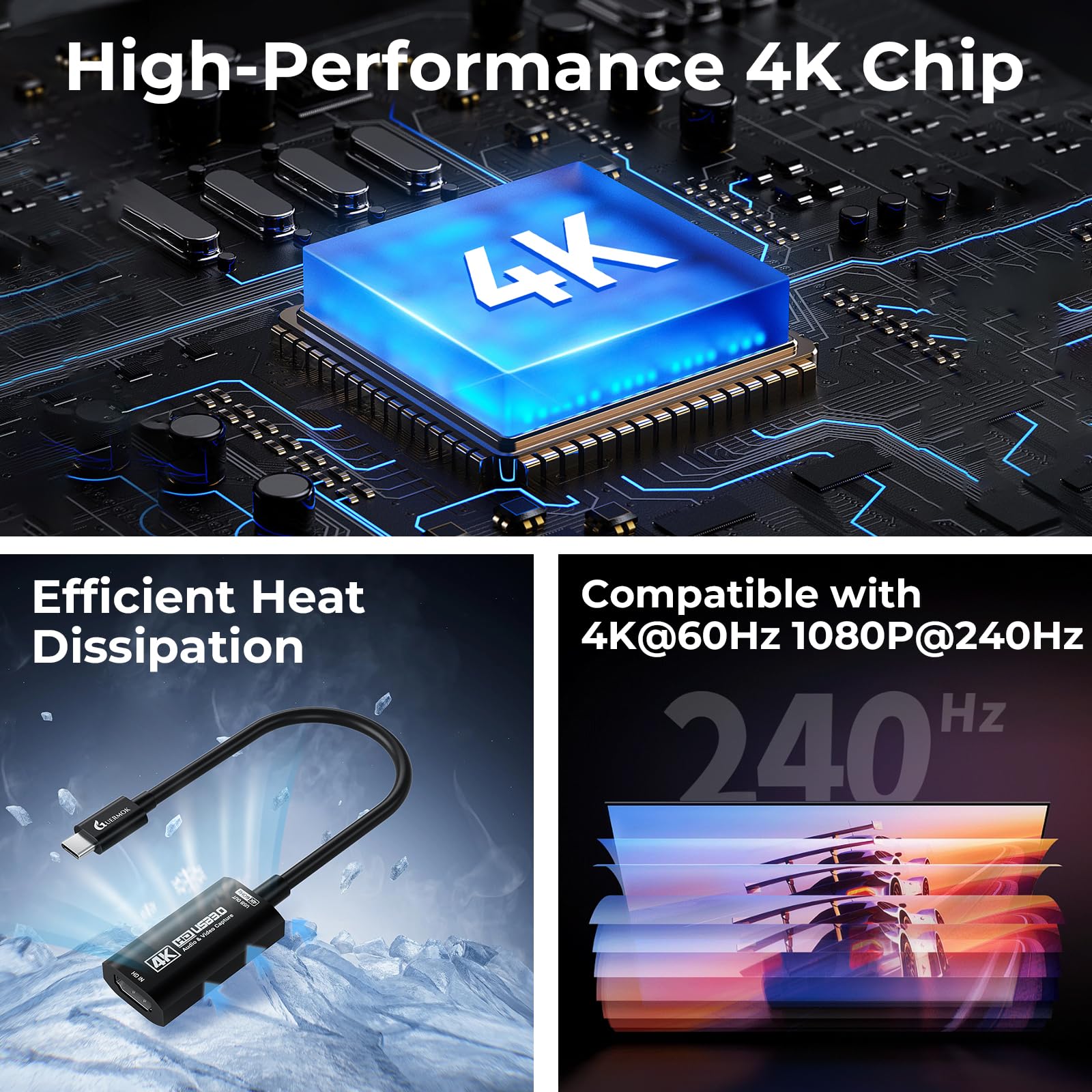 Guermok Tarjeta de captura HDMI 4K a 60FPS, 1080P a 240FPS USB 3.0 HDMI a USB A/C tarjeta de captura de video para transmisión, funciona con Pad, Switch 2/1, PS4/5, Xbox1, Quest3, Mac OS, Windows