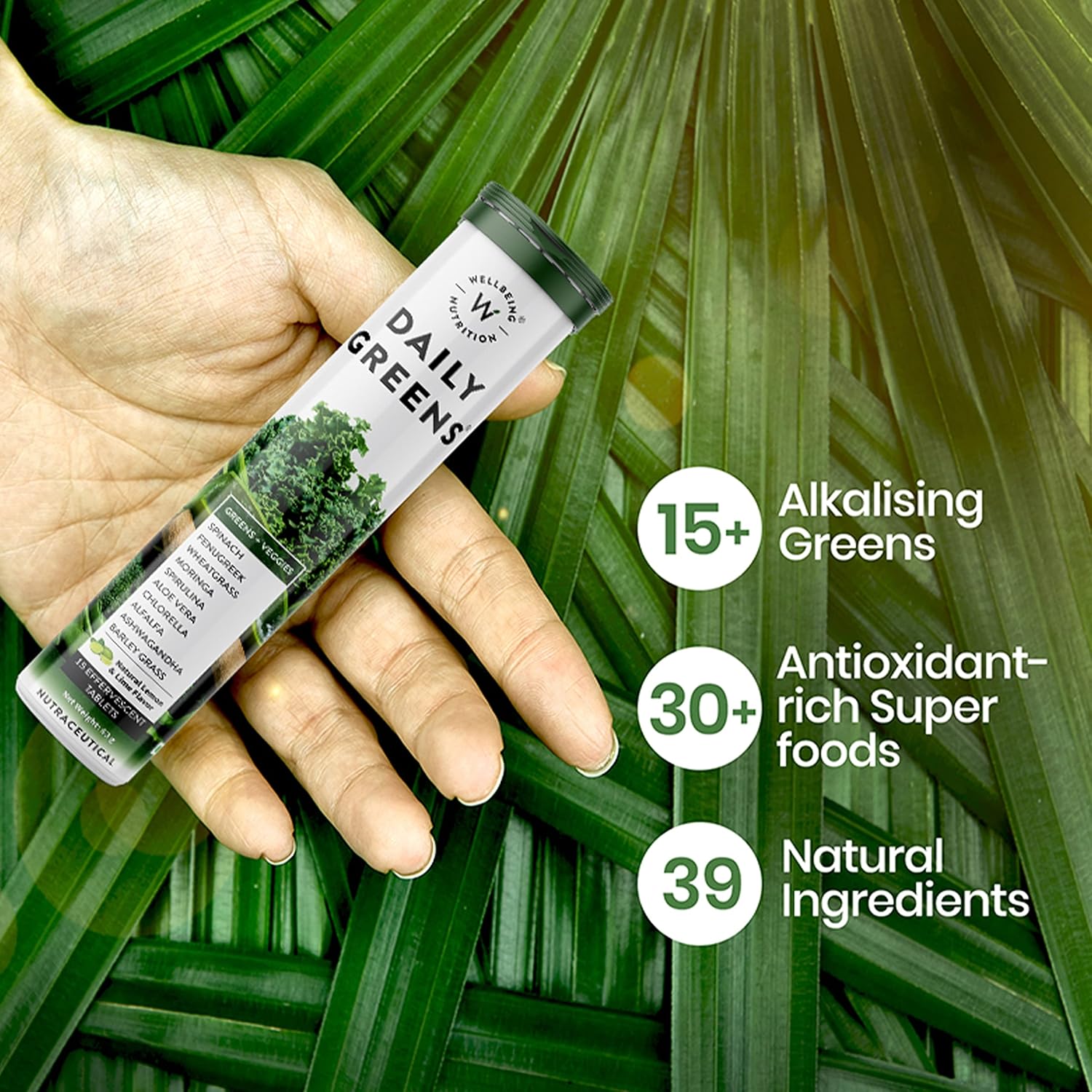 Wellbeing Nutrition Daily Greens | Wholefood Multivitamins with Vitamin C, Zinc, B6 for Immunity & Detox with Organic Certified Plant Superfoods & Antioxidants (15 Effervescent Tablets) Pack of 6 Wellbeing Nutrition Daily Greens | Wholefood Multivitamins with Vitamin C, Zinc, B6 for Immunity & Detox with Organic Certified Plant Superfoods & Antioxidants (15 Effervescent Tablets) Pack of 6