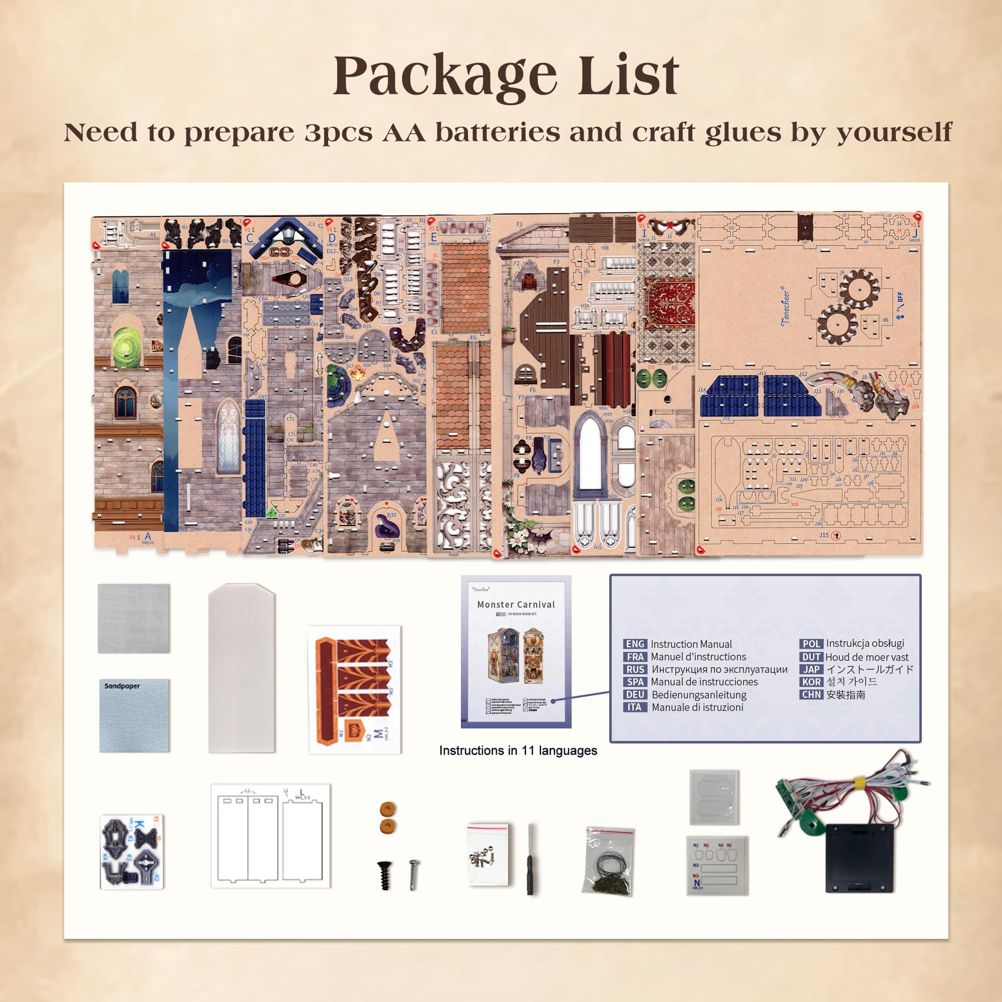 Tonecheer Book Nook Kit 3D, drewniane puzzle DIY, model dla dorosłych, miniaturowy dom ze światłem, uroczy prezent (karnawał potwora)