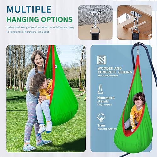 Vista 2 de Hamaca tipo cápsula OUTREE 100% de algodón para niños. Para uso interior y exterior, Verde