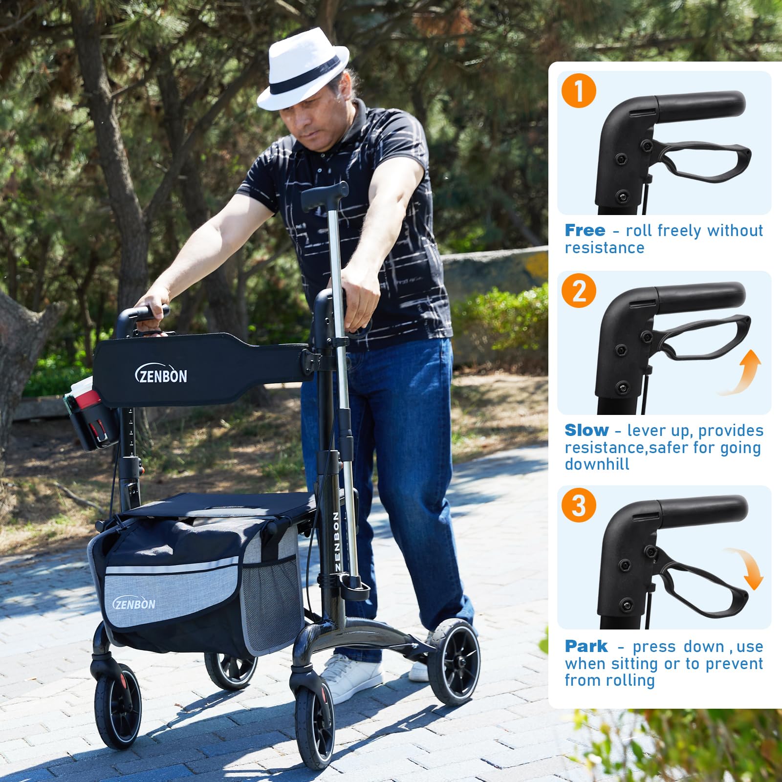 Andador para Ancianos con Asiento: Andador de Carbono Ligero y Plegable para Viajes en el Maletero - Andadores para Personas Mayores Ligeros y Delgados para el Hogar Interiores y Exteriores (Negro)