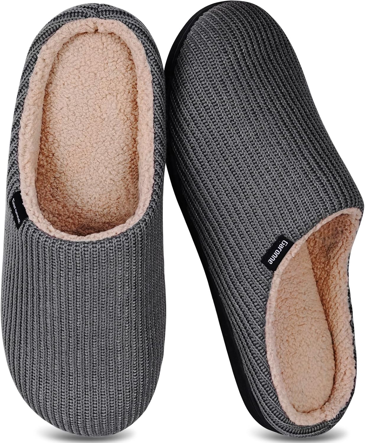 Garonne Men's Slippers with Memory Foam and Wool-Like Lining, Slip-on Cozy House Shoes with Non-slip Rubber Sole for Bedroom Indoor Outdoor