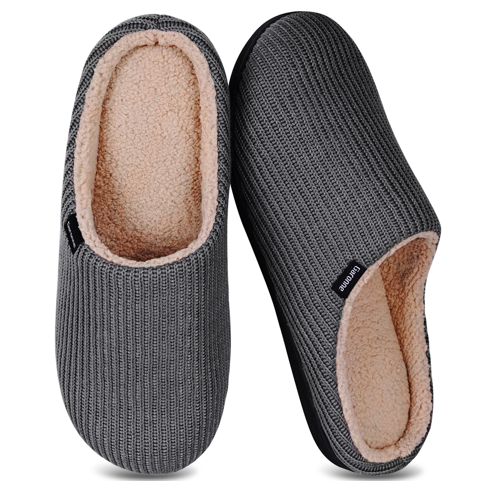 Garonne Men's Slippers with Memory Foam and Wool-Like Lining, Slip-on Cozy House Shoes with Non-slip Rubber Sole for Bedroom Indoor Outdoor