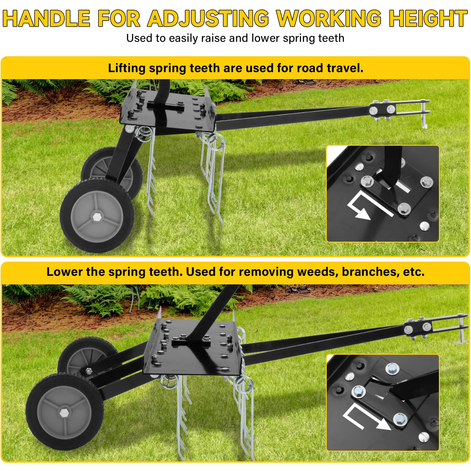 Escarificador de Césped para Tractores Cortacésped, con Muelles de Acero, Ruedas Resistentes 7.5 cm, 101.5 x 80 x 113.5cm, Aireador y Eliminador de Musgo