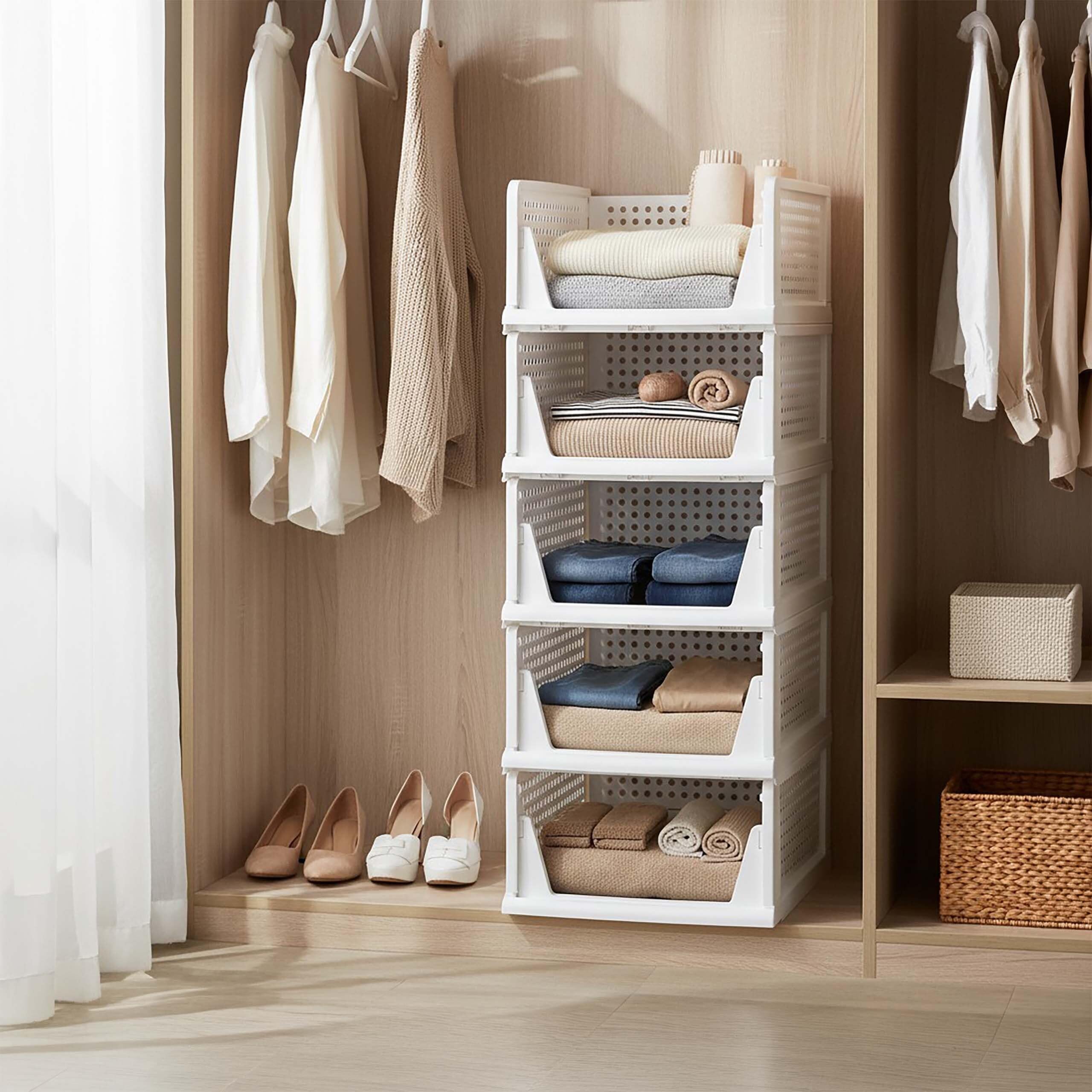 Relaxdays Organizador de armario, set de 5, plegable, apilable, blanco