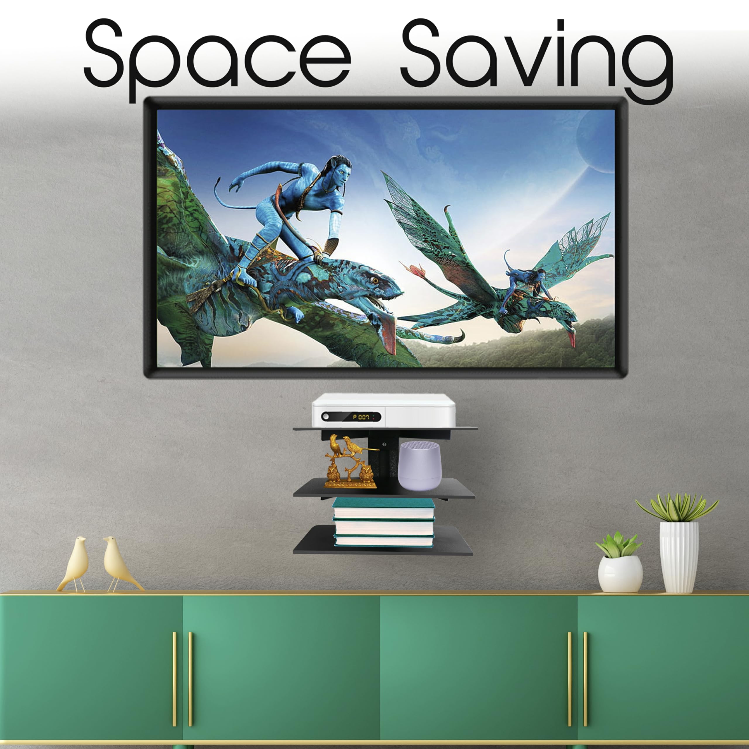 FEBTECH - Mensola sospesa per TV - Mensola per proiettore - Mensola da parete per TV, lettori DVD, console di gioco, decoder via cavo, accessori TV, 3 ripiani, nero