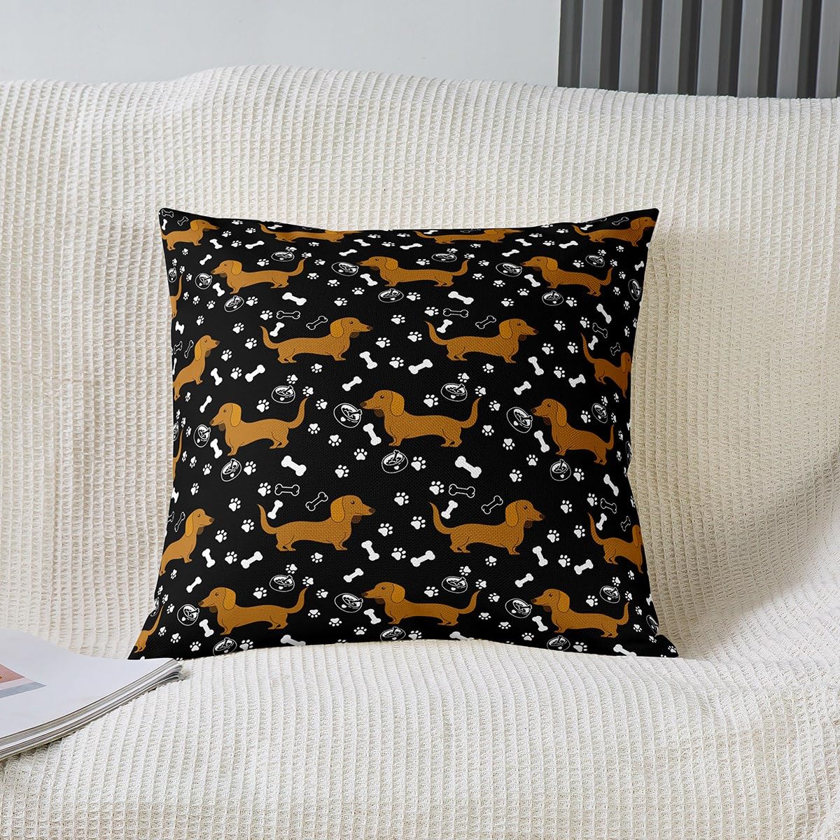 Cartoon Dachshund Kids Throw Pillow Cover Black White Paw Print Bone Graffiti Cushion Cover for Boys Girls Teens Cute Brown Puppy Pet Animal Cushion Case for Office Chairs 18x18 Inch
