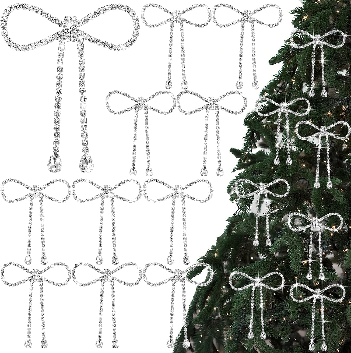 highergo 12 pcs rhinestone christmas bows ornaments sparkly glitter bow christmas tree ornaments for xmas wreath garland fireplace home decorations(classic style,silver) classic style silver