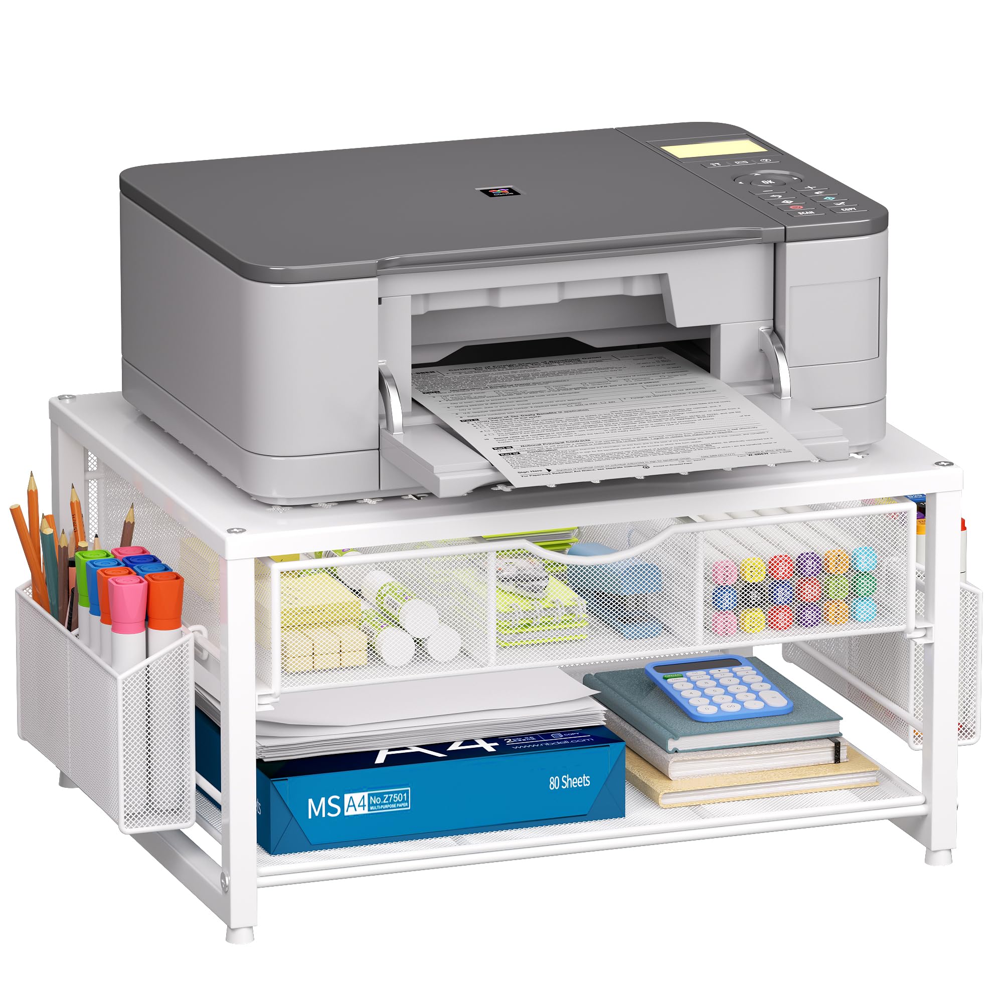 Marbrasse 2-Tier Printer Stand and Storage,Monitor Stand with Drawer and 2 Pen Holders,Metal Office Supplies Organiser,Multi-Purpose Desk Organizer for Fax Machine Scanner Computer (White)
