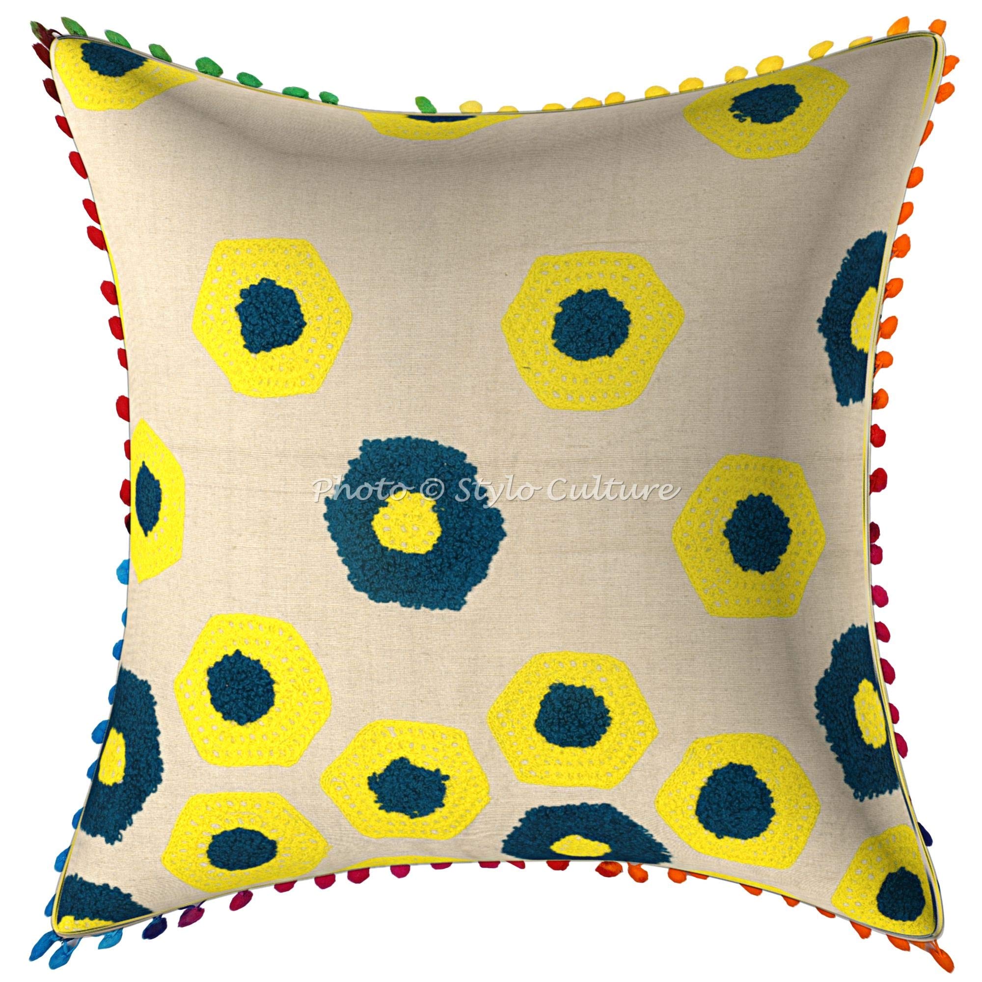 Indio Fundas Almohadones Decorativa 40x40 cm Algodón Geométrico Fundas De Cojines Silla Verde 16x16 Inch Pompón Bordado De Felpa Cuadrado Cremallera Fundas Cojines Sofa - 5 Pcs