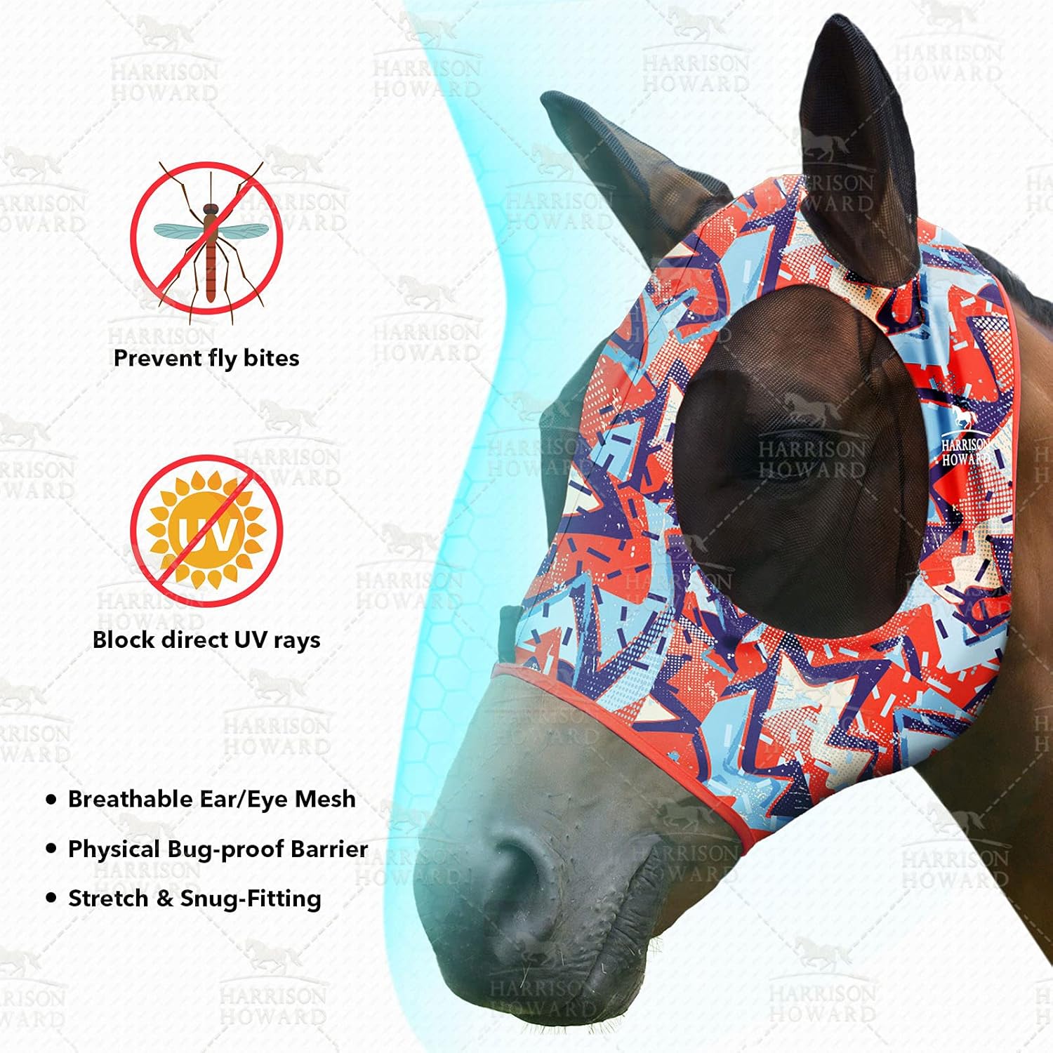 Harrison Howard Elasticity Horse Fly Mask Superb Comfort with UV Protection Standard Horse Fly Mask for Horse-Orange Geo-Print (L; Full Size) : Pet Supplies