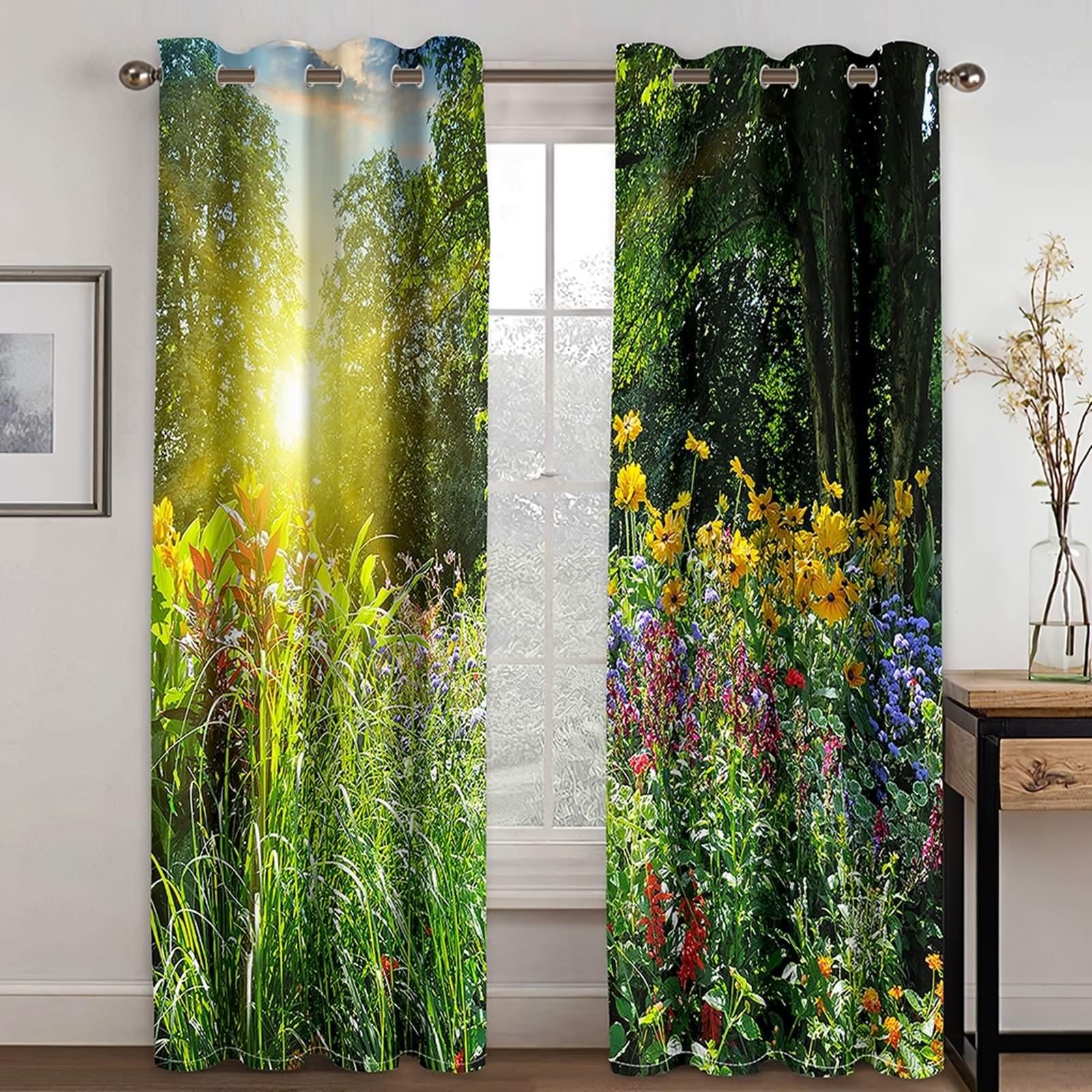 Czeska zasłona okienna, zasłona do salonu zielona żółta roślina drzewo i kwiaty poliester 2 panele 192 x 183 cm