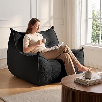 Giant Bean Bag Chair, Faux BeanBag Sofa Cloud Couch Chair for Adults Teens, Comfy Lounge Lazy Floor Sofa with Armrests Single Accent Chair for Living Room, Bedroom & Dorm, Black