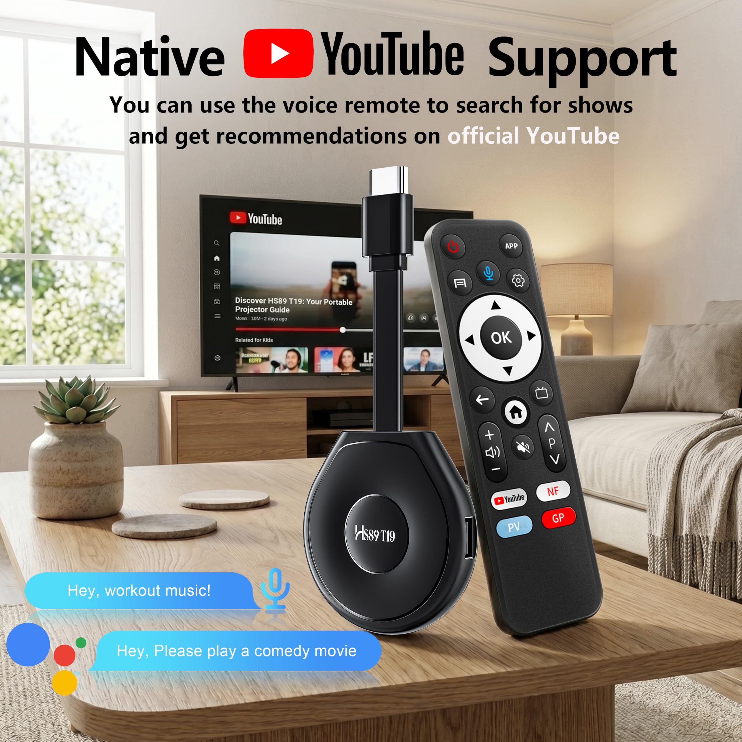 HS89 T19 TV Stick Android 14 4K Ultra HD, 2 Go RAM 16Go ROM RK3539 WiFi 6 Bluetooth 5.4 HDR10+, Smart TV Stick Box Android 14.0 avec Assistant de Télécommande Vocale, Appareil de Streaming Intelligent