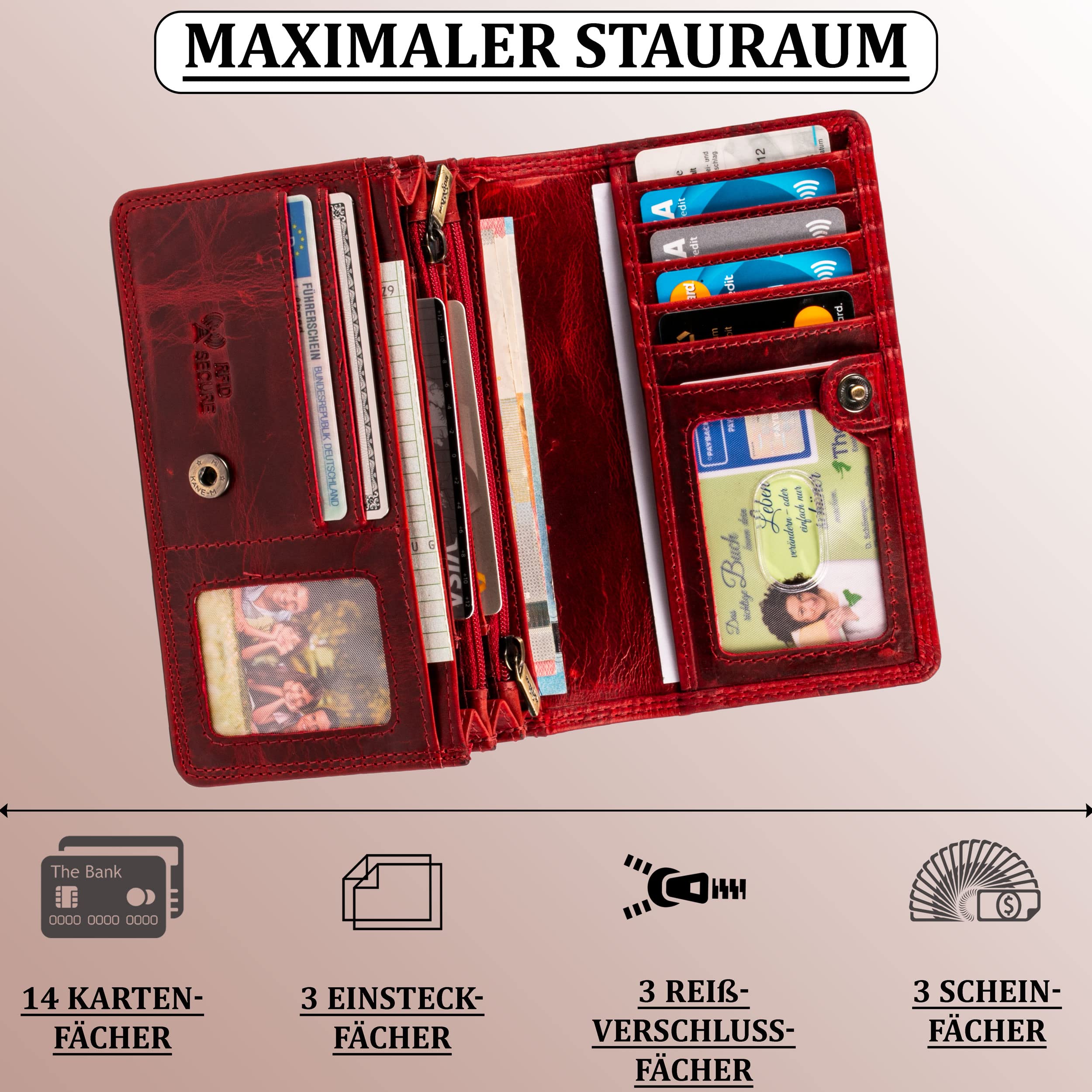 MATADOR Porte Monnaie Femme Cuir #VENEDIG avec Noble Boîte Cadeau, Portefeuille de Luxe avec RFID, Portefeuille Femme avec de Nombreux Compartiments à Cartes