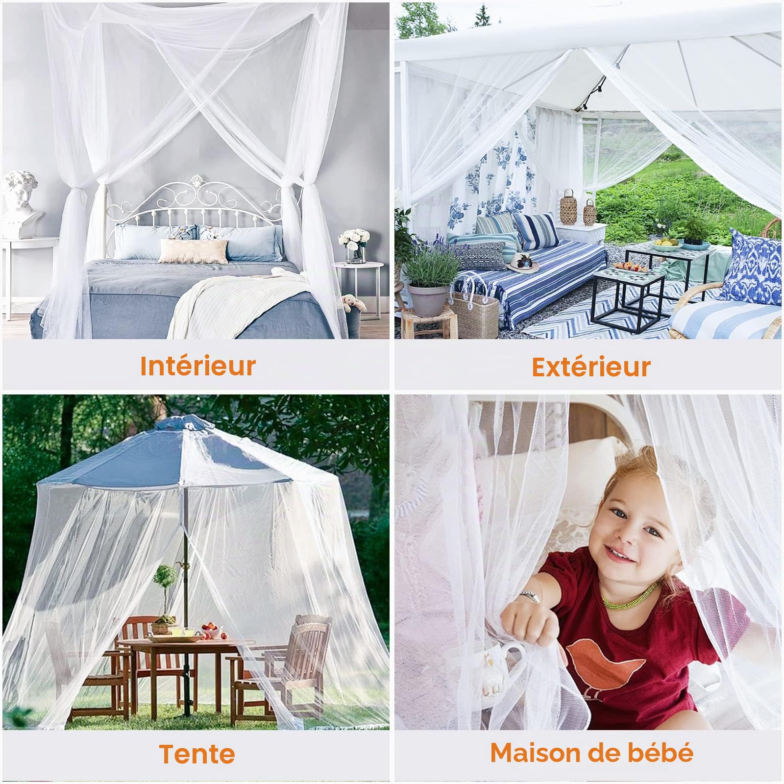 Opamoo Moustiquaire de Lit à Quatre Portes - Grand Baldaquin pour Soler Efficacement Les Moustiques - Pour Lit Double et Simple (190 x 240 x 210 cm)