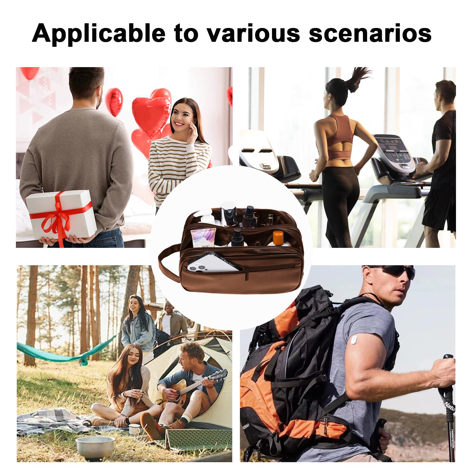 Neceser de viaje para hombre, regalo para hombres, de piel sintética, resistente al agua, bolsa de cosméticos con gran capacidad para accesorios de aseo personal, Marrón, Moderno