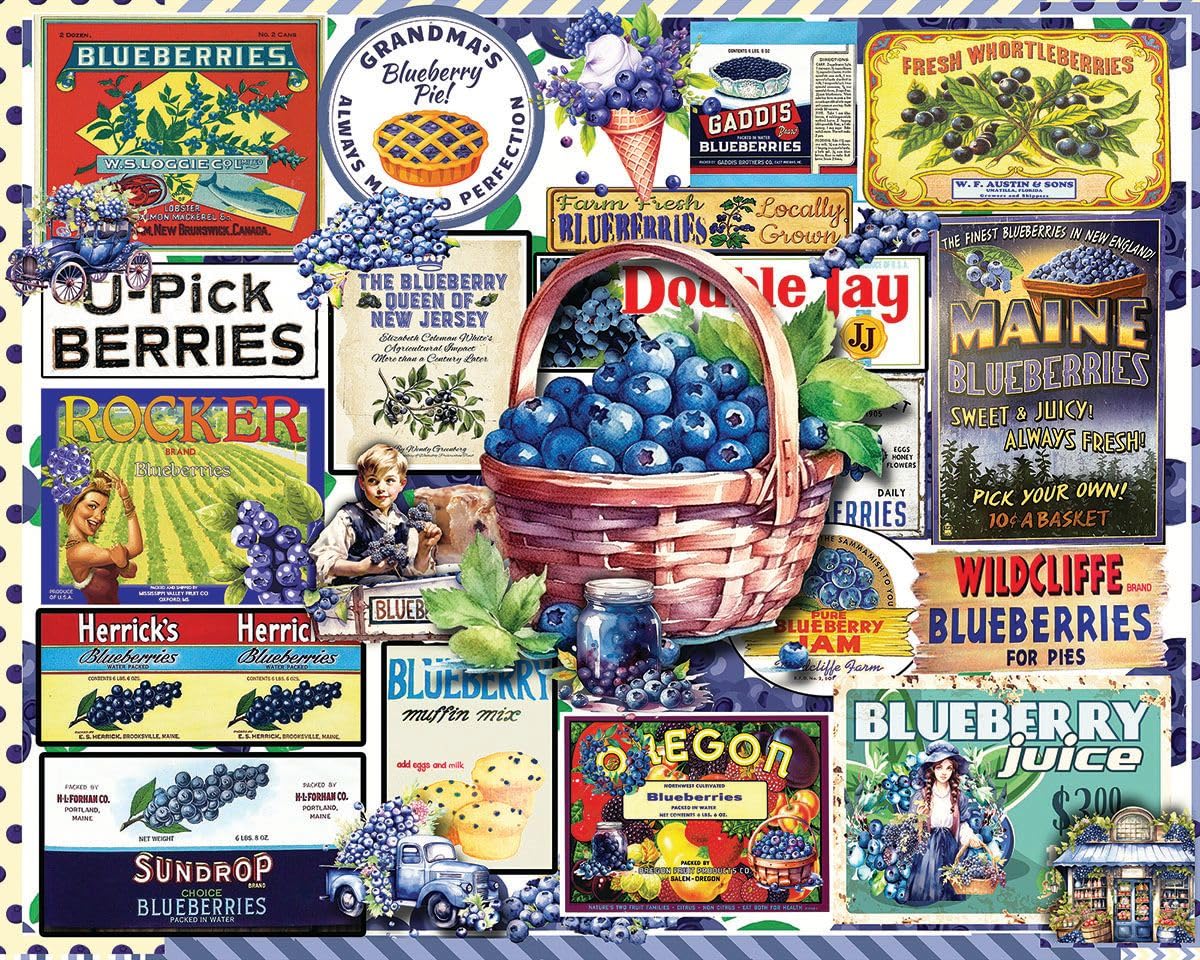 White Mountain 1000 Piece Jigsaw Puzzle Vintage Blueberry Label Collage Puzzles with Large Pieces for Adults and Family 24"x30" - Blueberries
