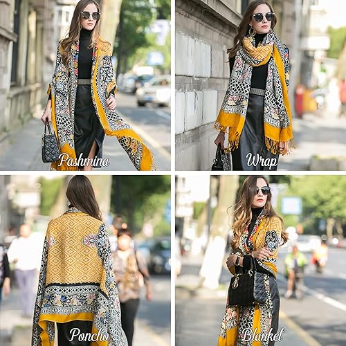 Miniatura 74 de DANA XU Manta de pashmina extragrande 100% de lana merina, bufanda de viaje, bufanda de cachemira para mujer, otoño e invierno, chal de gran