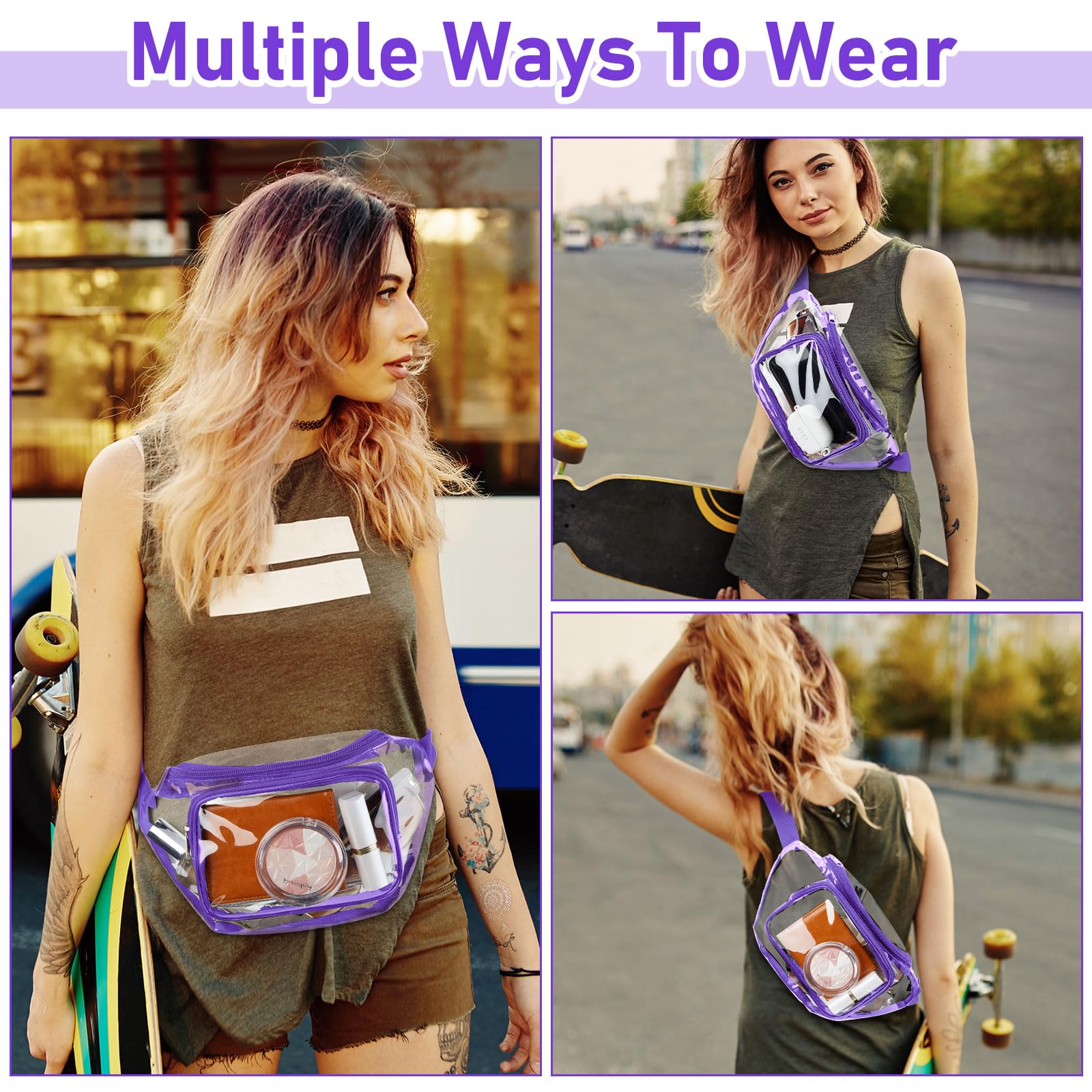 Reginary 24 transparente Bauchtaschen für Damen und Herren, Bauchtasche, Stadiongenehmigt, transparente Tasche, wasserdicht, Geldbörse, verstellbare Gürteltasche für Festivals, Spiele, Reisen, Violett