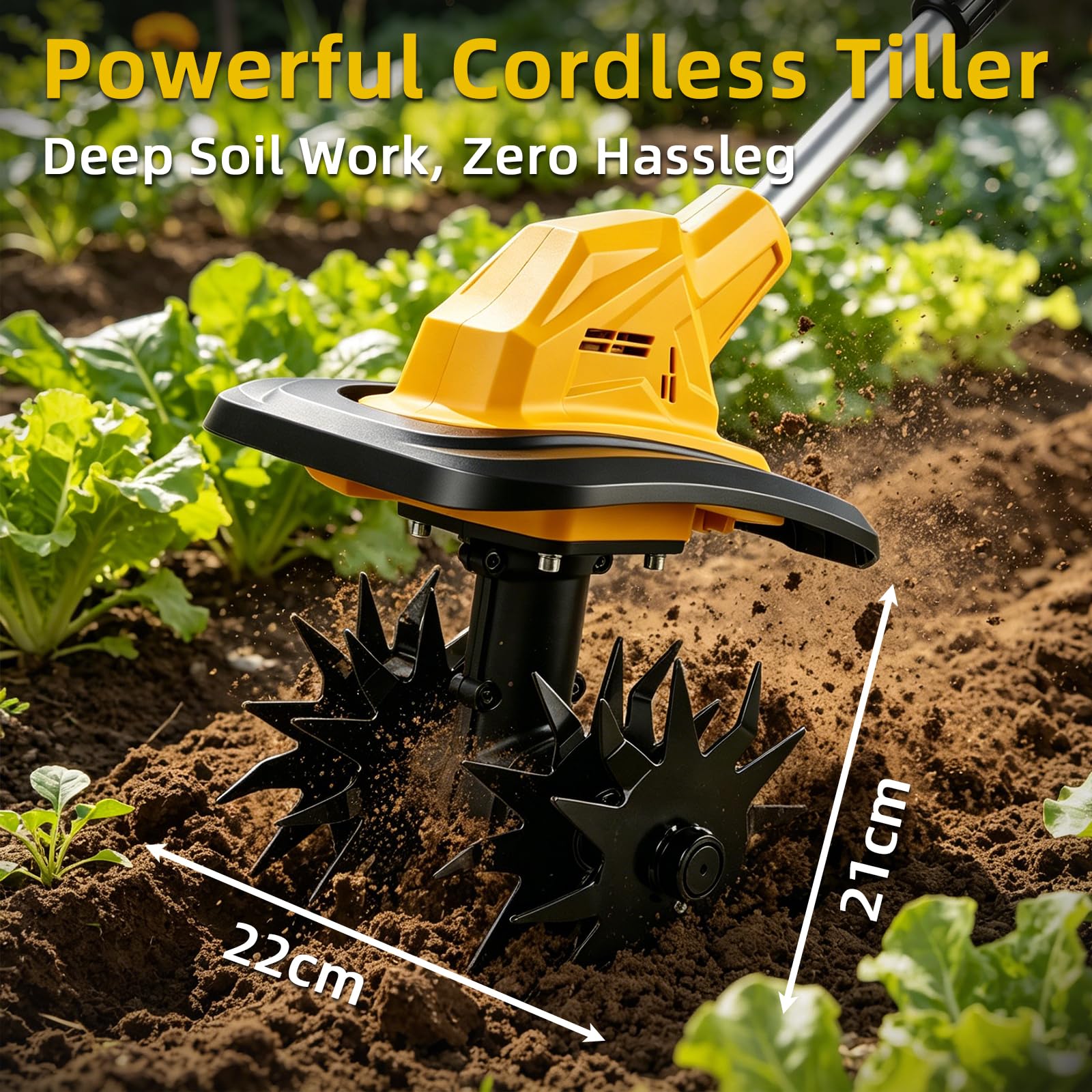 Akumulatorowa glebogryzarka, głębokość robocza 17 cm, 270 obr./min, szerokość robocza 22 cm, do akumulatora Dewalt 20 V (nie wchodzi w zakres dostawy), składana i regulowana, ochrona przed
