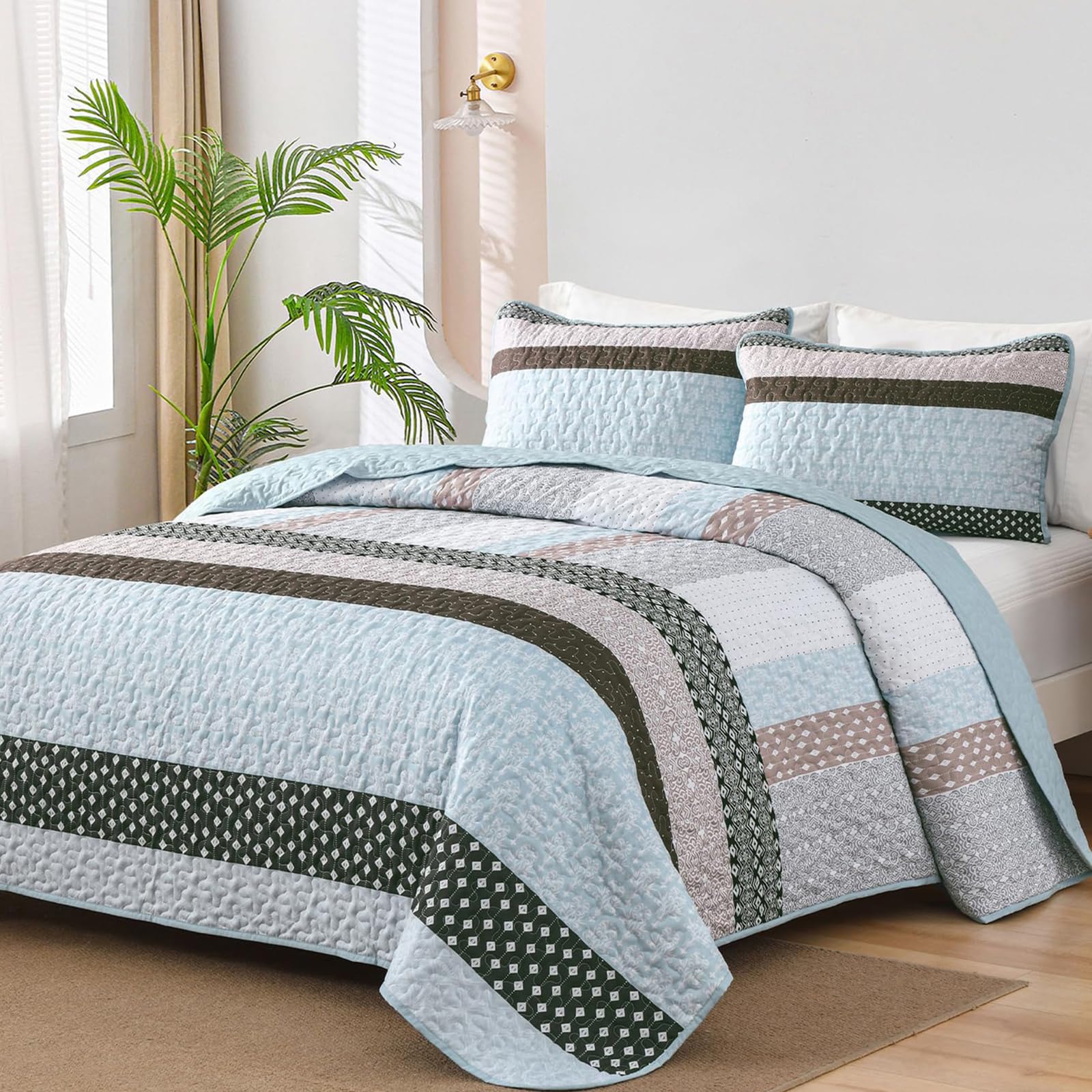 WONGS BEDDING Boho Quilt Queen Size, Patchwork Bedding Set, Blue Brown