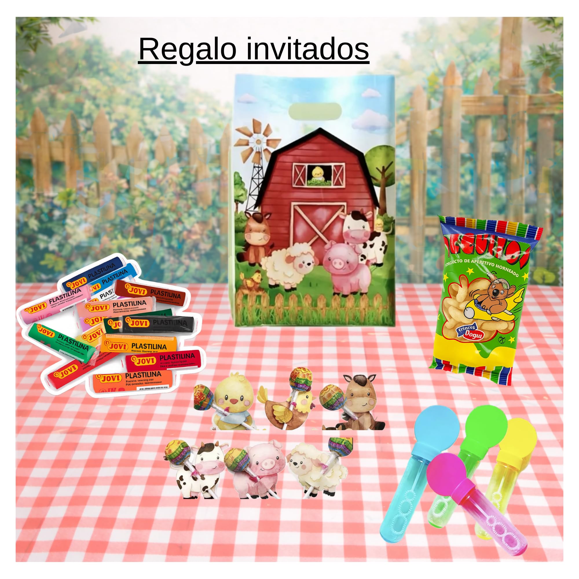 Pack Cumpleaños Infantil granja 10 niños -Decoracion Mesa Completa y Detalles Invitados-Fiesta Infantil Granja.101 unidades.