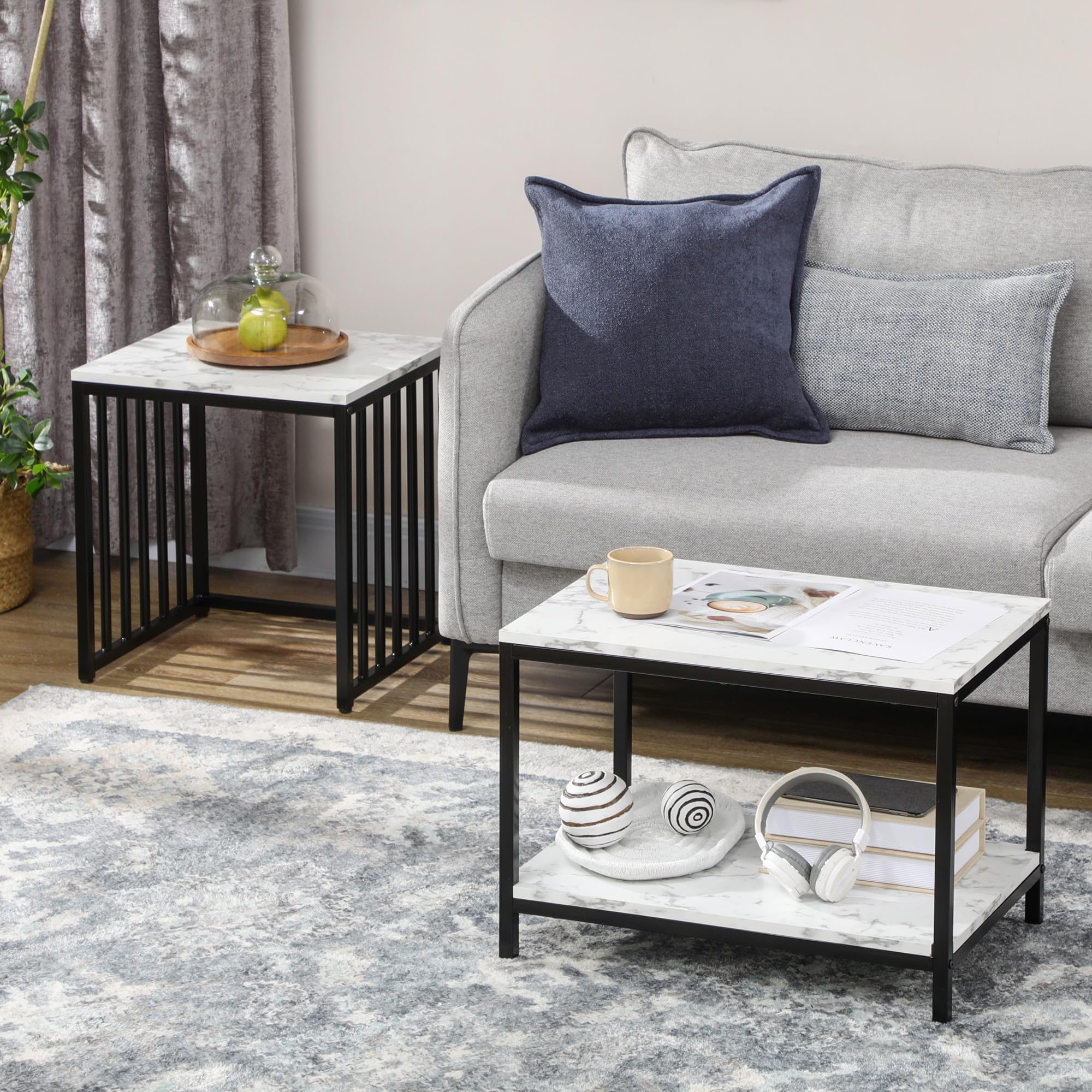 HOMCOM Lot de 2 Tables d'appoint Tables gigognes Tables Basses empilables avec Plateau Aspect Bois Effet marbre Cadre en métal Noir