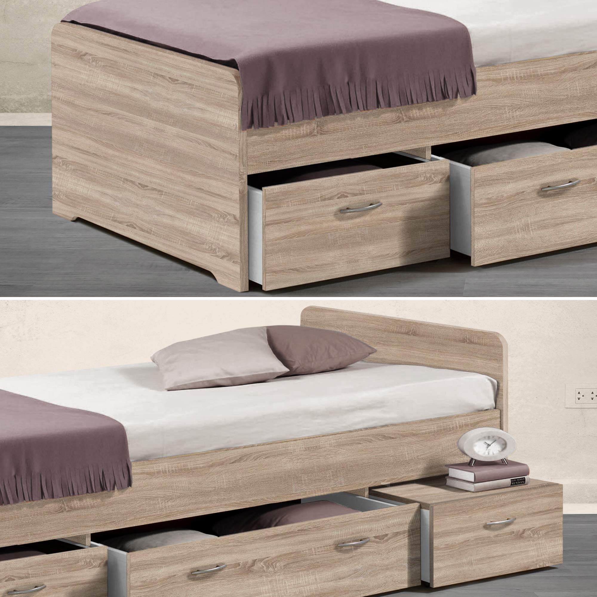 Stella Trading, BORO Letto una piazza con contenitore 90 x 200 cm, letto singolo con 3 cassetti in Rovere Sonoma, 95 x 66 x 204 cm