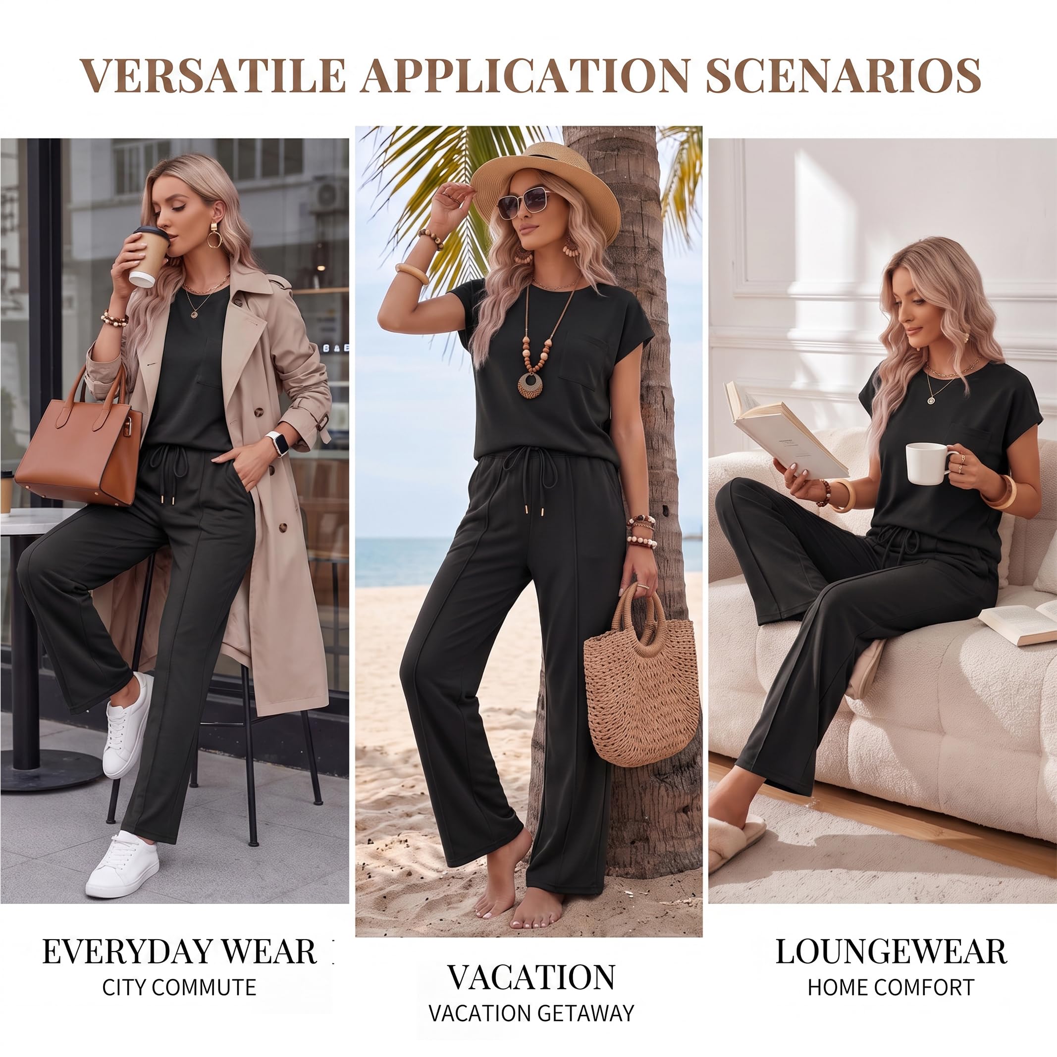 Conjunto de 2 piezas para mujer, conjunto de verano para mujer, manga casquillo, cuello redondo, pantalones de pierna ancha con bolsillos, chándal completo, conjuntos de ropa de descanso