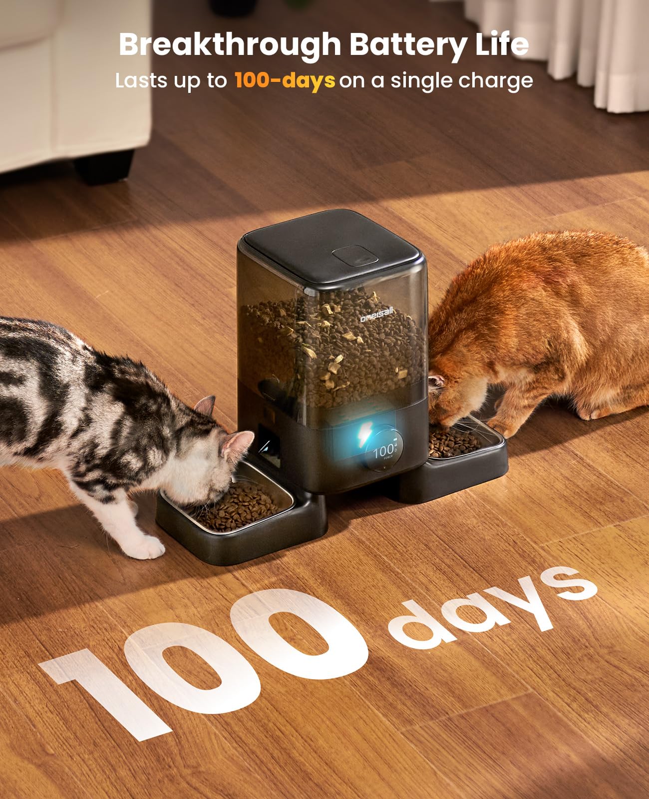 oneisall Wireless WiFi Automatic Cat Feeders 2 Cat, Rechargeable 100-Day Battery Operated Timed Cats Feeder, 20 Cups/5L Cats Food Dispenser Automatic for Large Kibble, Smart App Control.