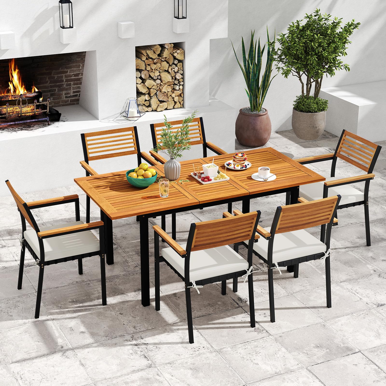 COSTWAY Conjunto Jardín Exterior de 7 Piezas, Madera Acacia, Muebles de Comedor con Mesa Extensible,6 Sillas Apilables，Cojines Extraíbles，Mesa y Sillas Jardin Patio Terraza Balcon
