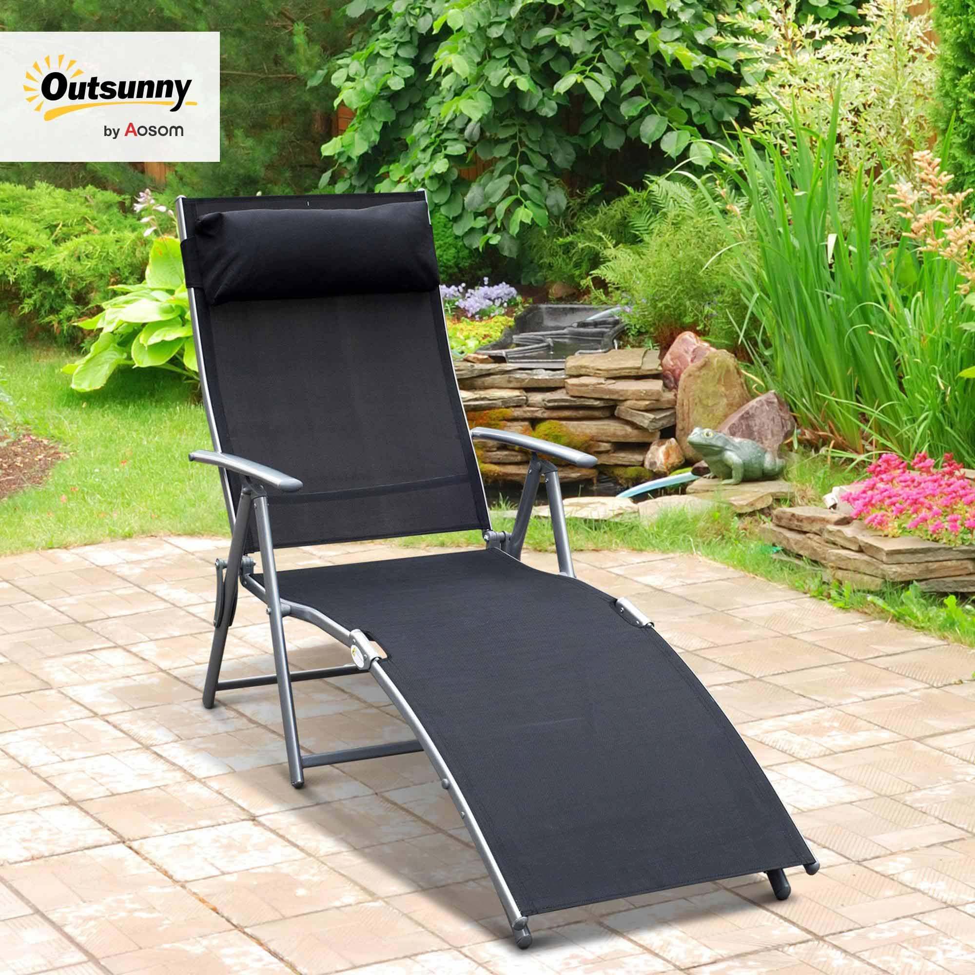 Outsunny Sonnenliege klappbar mit Kopfkissen bis 165 kg Schwarz | Strandliege und Liegestuhl, 7-fach verstellbare Rückenlehne, Gartenliege Relaxliege Gartenstuhl für Outdoor Urlaub Garten